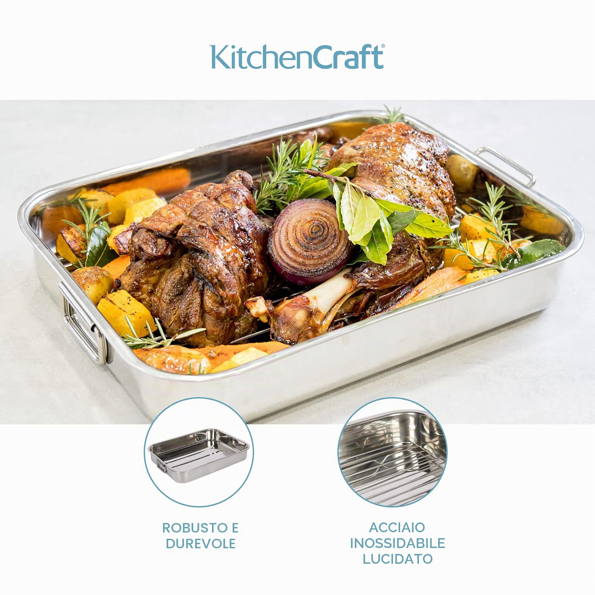 Kitchen Craft Padella per arrosto in acciaio INOX con griglia