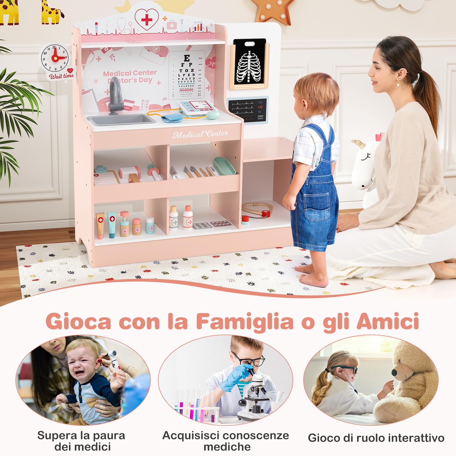 COSTWAY Set da Gioco Dottore in Legno, Centro Medico per Bambini con Orologio, Lavandino, Tabella Oculistica, Monitor ECG, Area Esame e 24 Accessori Giocattolo, 97 × 30,5 × 88 cm (Rosa)