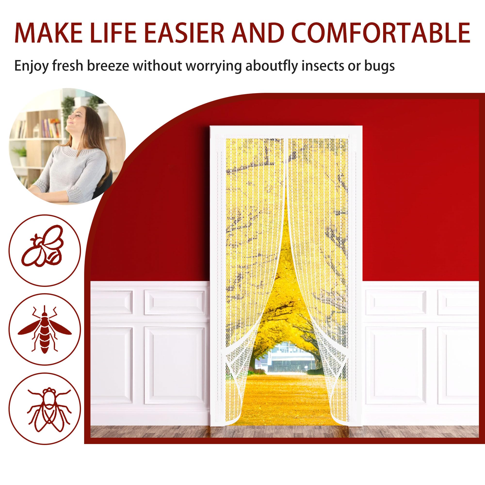 Zanzariera Porta Finestra 129 x 224 cm Rete Fine Magneti Anti Zanzare Tenda Zanzariera Non Accorciabile per Porte Del Balcone, Delle Finestre, Delle Terrazze、, Bianco