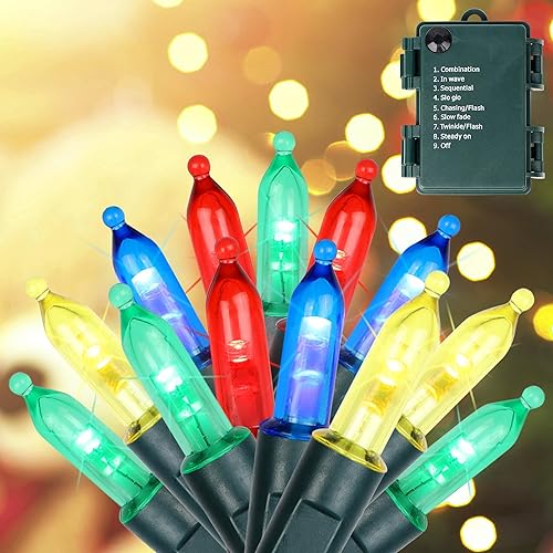 Blissun Luces de Navidad, juego de 50 luces de alambre verde, mini cadena de luces de Navidad funciona con pilas con 8 modos, luces de hadas de 16