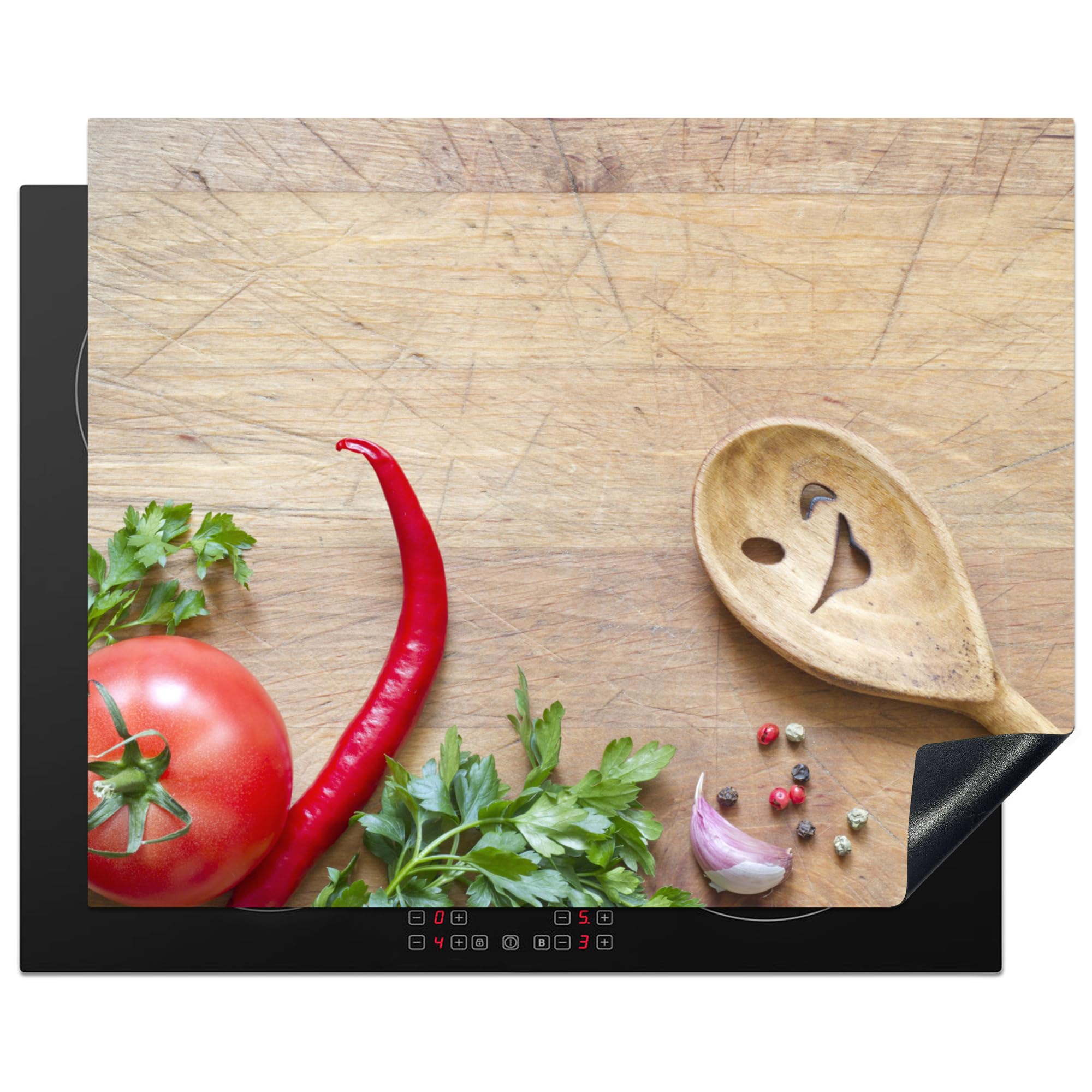 KitchenYeah© Induction Hob Cover Protector Mat 20.5"x25.6" / 65x52 cm Kitchen Universal Ceramic Covers for Electric Cookers Vinyl Vegetable - Wood Texture - Ladle - Smiley - Tomato — image 1