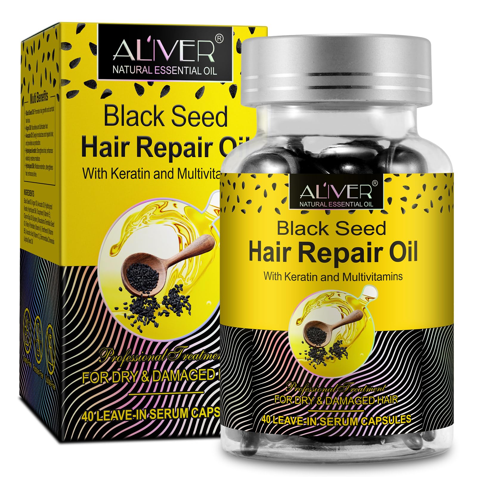 VXHDAG Black Seed Oil Capsules - Cold Pressed Black Seed Hair Repair Oil with Keratin and Multivitamins for Dry Damaged Hair Antioxidant, High Thymoquinone, 40 Capsules