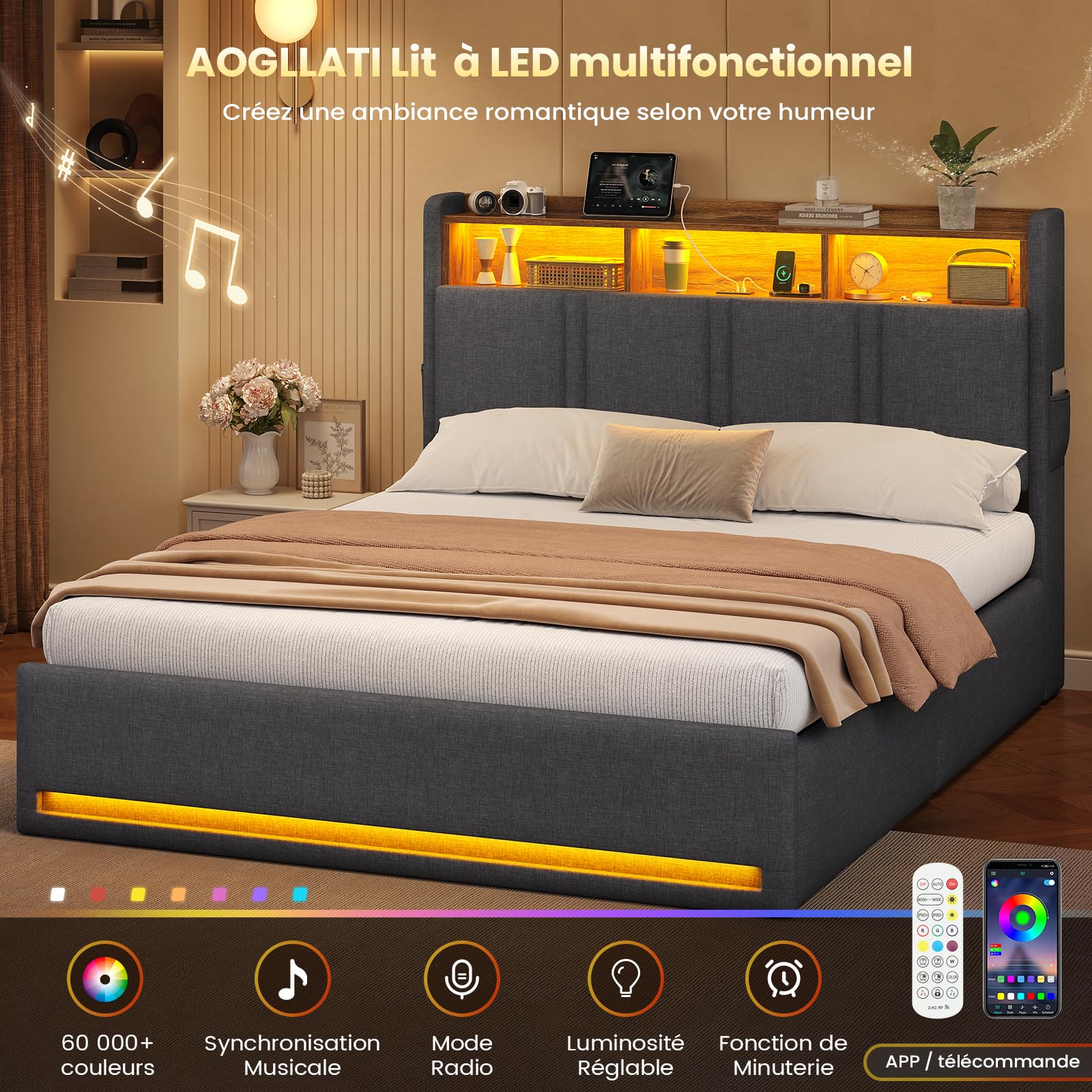 AOGLLATI Lit Coffre 140x190 avec Rangement Hydraulique, Lumières LED et Prise, Tête de Lit avec 3 Étagères Ouvertes & Compartiment Caché, Sommier à Lattes, Lit 2 Personnes, Sans Matelas,Lin Gris Foncé