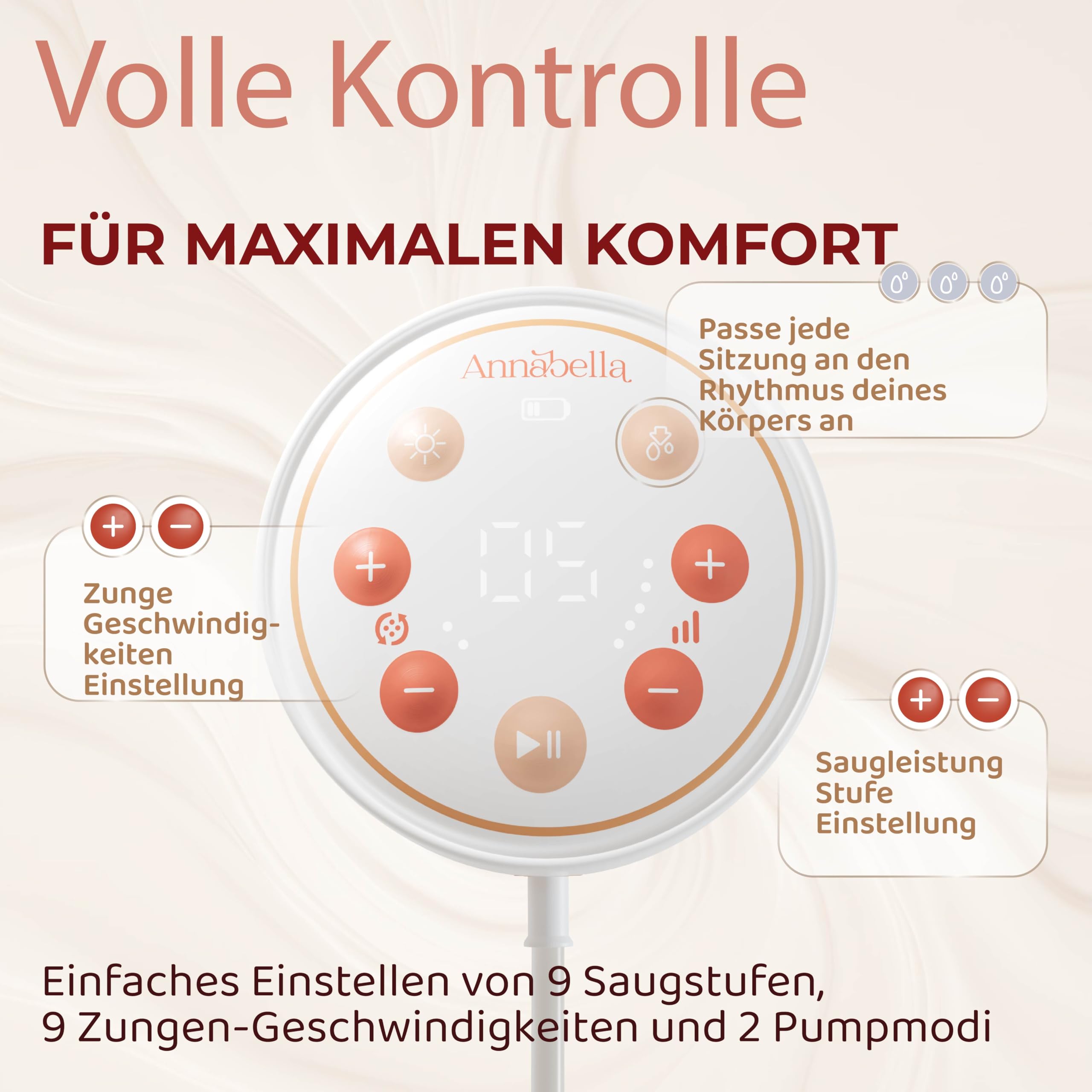 ANNABELLA Elektrische Milchpumpe, tragbar, leise & wiederaufladbar | Zungensimulation, 9 Saugstufen, Nachtlicht, BPA-frei, 140 ml Flaschen, USB-C wiederaufladbar, diskret & leise