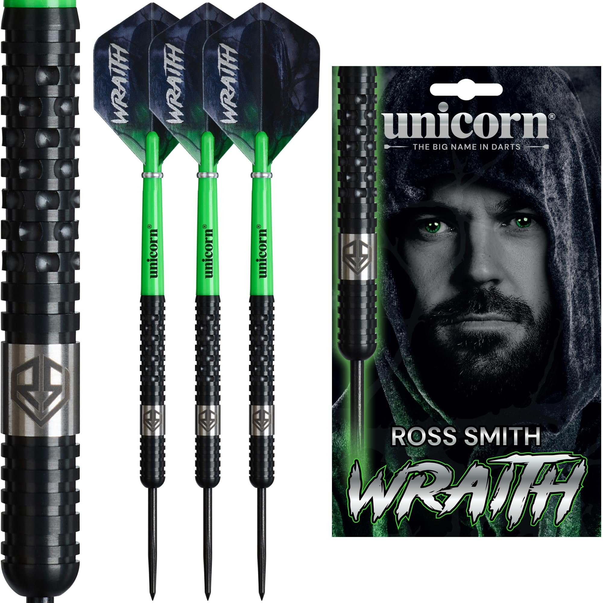Unicorn | Ross Smith | Wraith | 90% Tungsten Barrels Extra Grippy Machined Grooves | Steel Tip Darts Set | Smudger | Noir Black Volute Points | 20g, 22g or 24g (24 g)