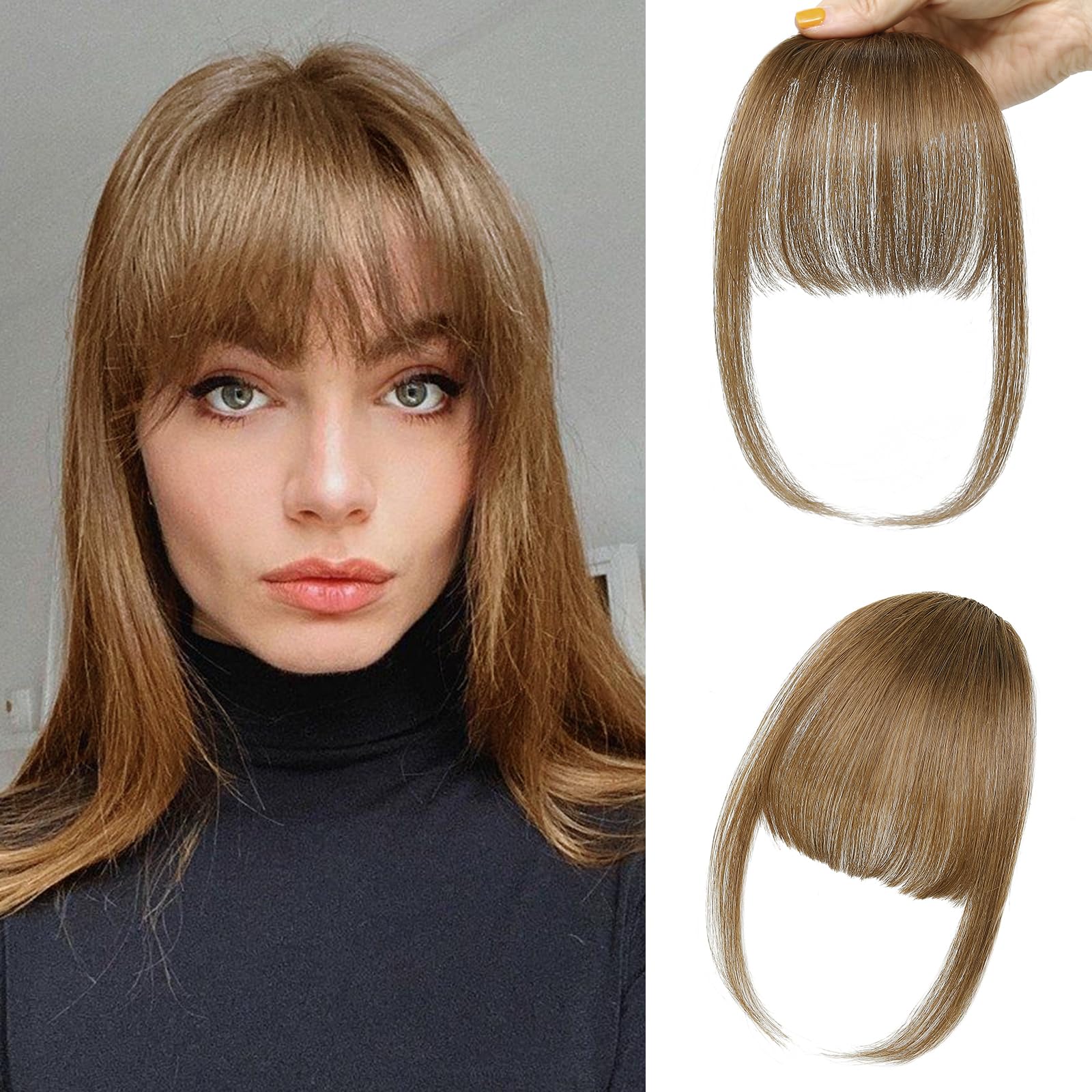 - Clip in Bangs Human Hair – Medium Brown Wispy Bangs with Temples Fringe Hairpiece Natural Looking Curved Fake Bangs Hair Extensions for Women
