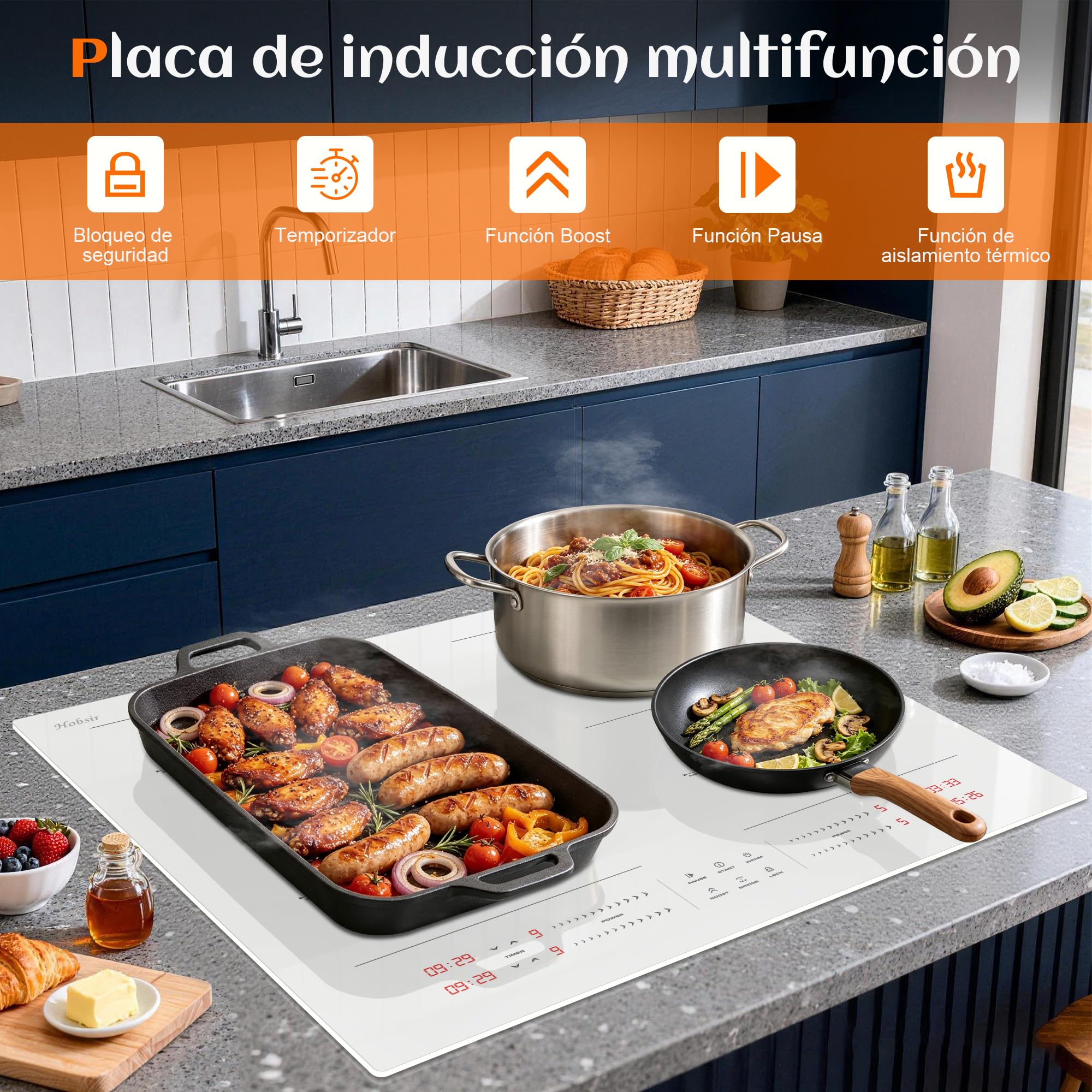 Hobsir Placa Induccion 4 Fuegos, Placa Induccion Blanca, Zona Flexible