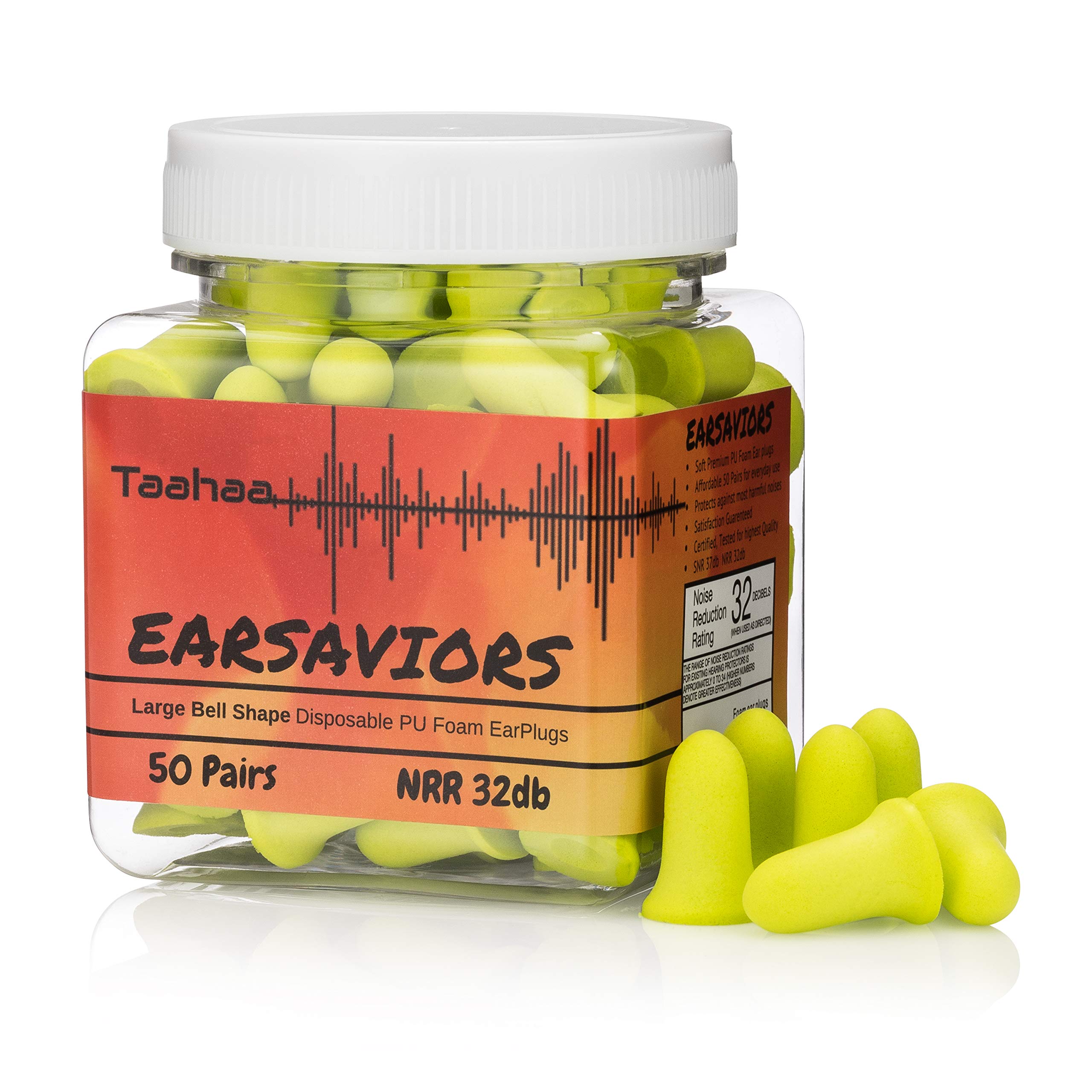EarSaviors Premium Soft Foam Earplugs - 50 Pairs of 32db NRR - Large Green Bell Shape, Disposable Ear Plugs, Comfortable Hearing Protection for Work, Sleeping, Flying, Racing, Hunting and Loud Noises