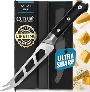 Cutluxe Cheese Knife – 5&#34; Cheese Knife Slicer for Soft and Hard Cheese – Pronged, Serrated &amp; Non Stick Blade – High Carbon German Steel, Full Tang &amp; Ergonomic Handle Design – Artisan Series