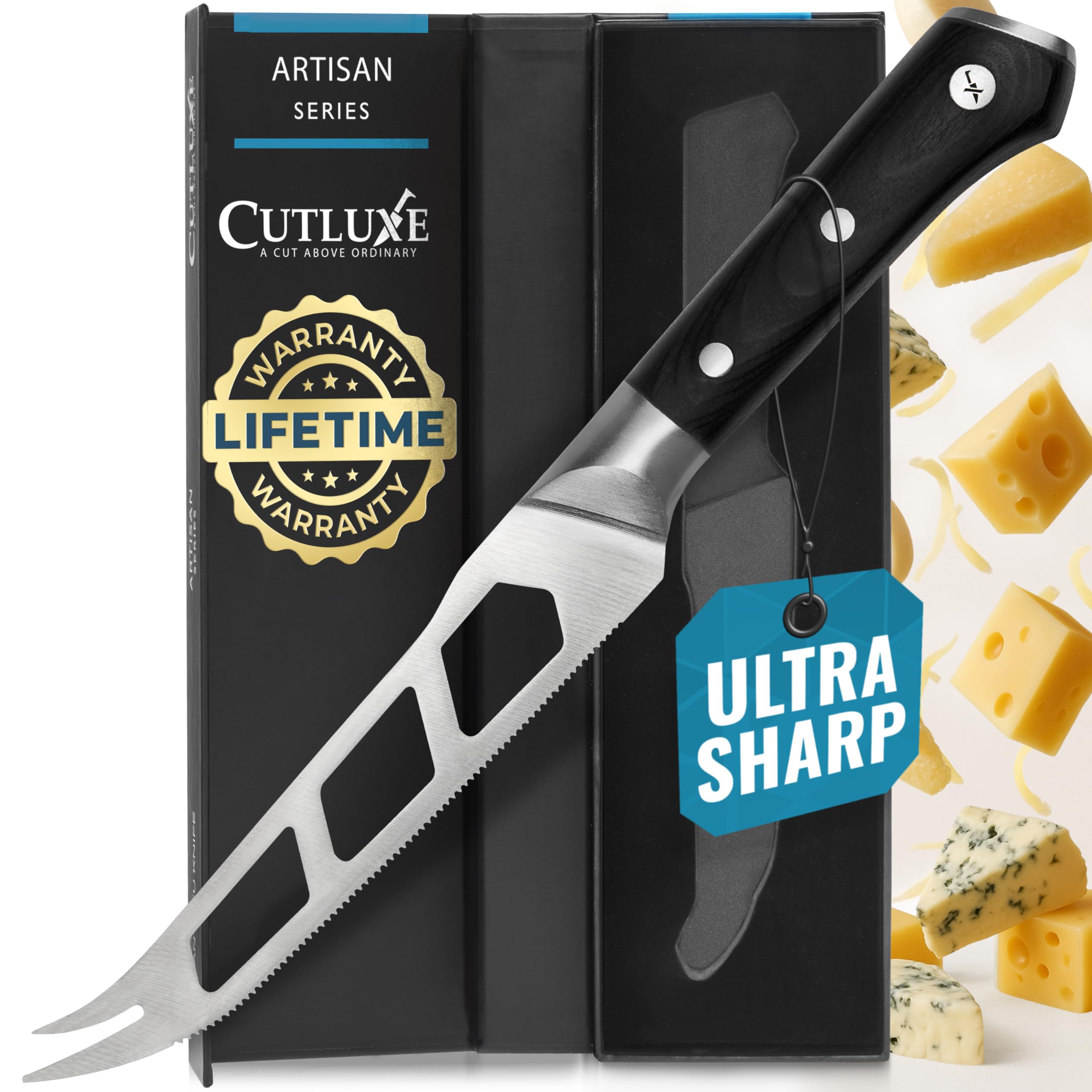 Cutluxe Cheese Knife – 5" Cheese Knife Slicer for Soft and Hard Cheese – Pronged, Serrated & Non Stick Blade – High Carbon German Steel, Full Tang & Ergonomic Handle Design – Artisan Series