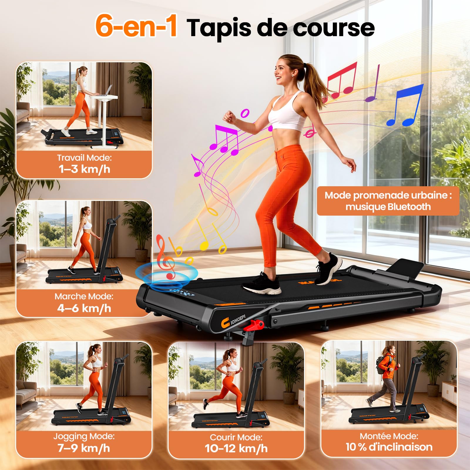 Tapis de Course, 6 en 1 Tapis de Marche Pliable avec Enceinte Bluetooth – Inclinaison 10%, Moteur Silencieux 3,0 CV, 12 KM/H, 12 Programmes, APP & Télécommande, Charge 160 kg – pour Maison & Bureau