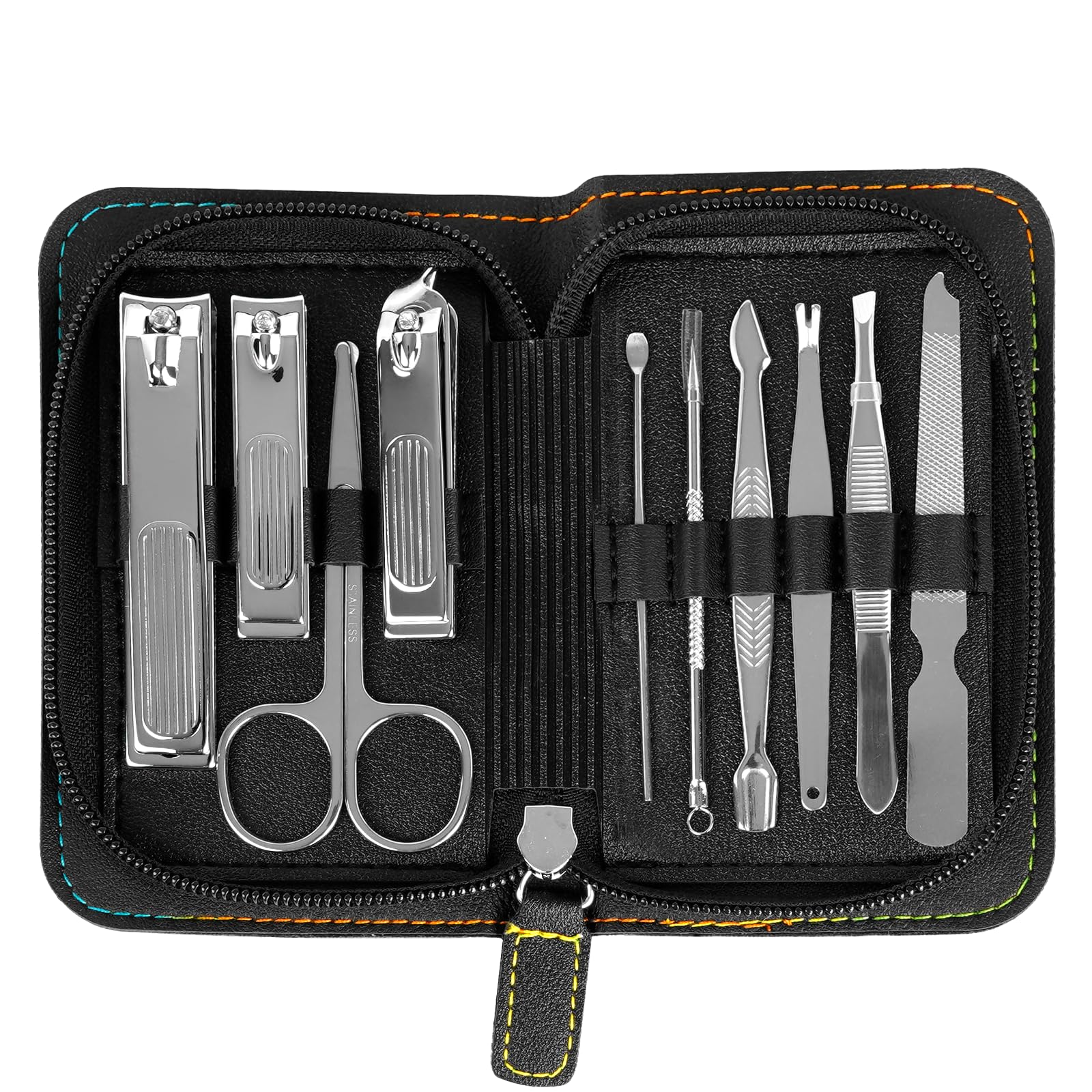 Juego de cortaúñas de acero inoxidable de alta calidad, kit de aseo de viaje, 10 herramientas de manicura/pedicura con estuche de poliuretano, ideas de regalo (C-Negro)