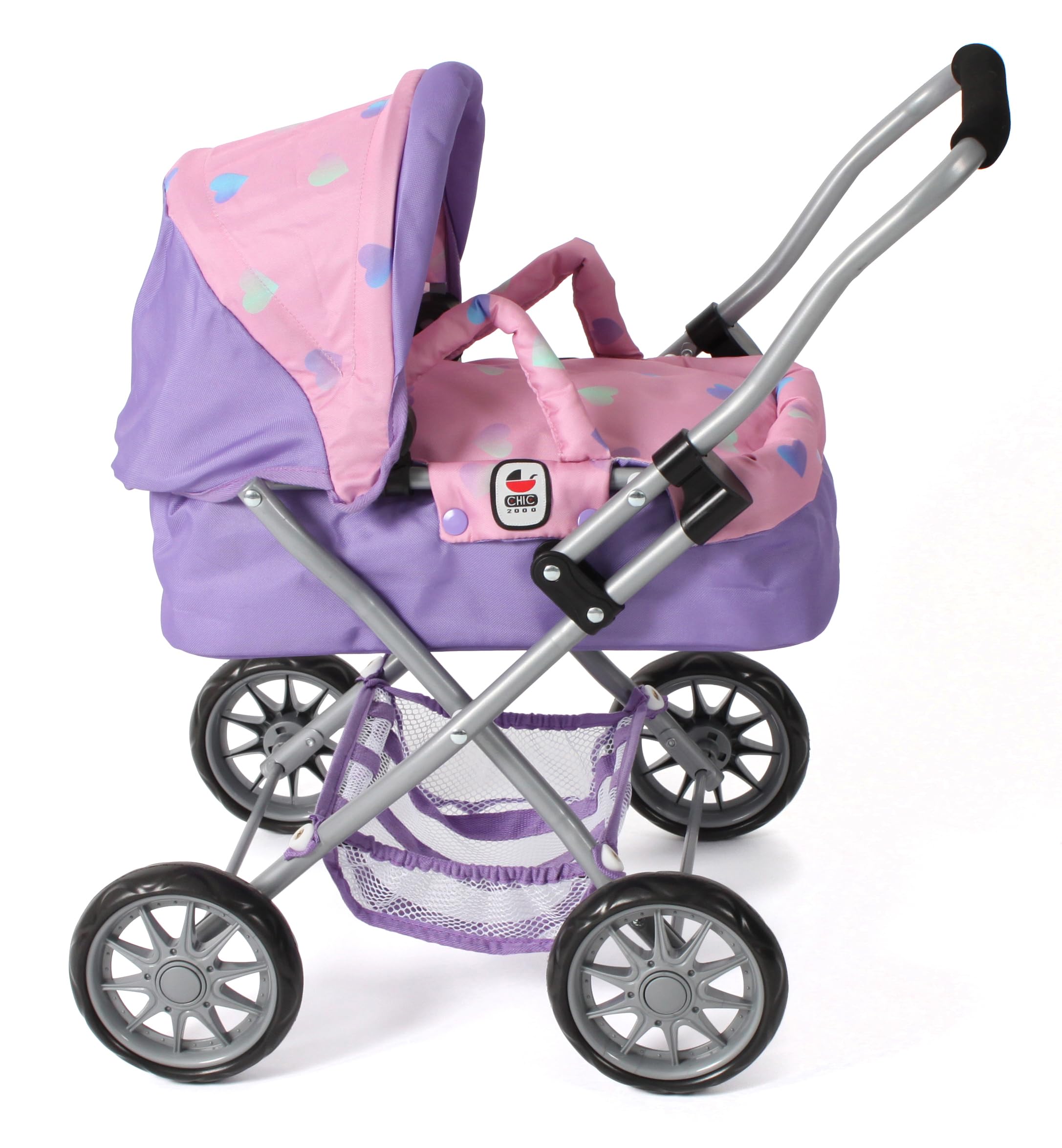 Bayer Chic 2000® Wózek dla lalek Smarty – serduszko fioletowe – składany – z daszkiem, torbą, poduszką i kocem – wysokość uchwytu 56 cm – dla dzieci od 2 lat,