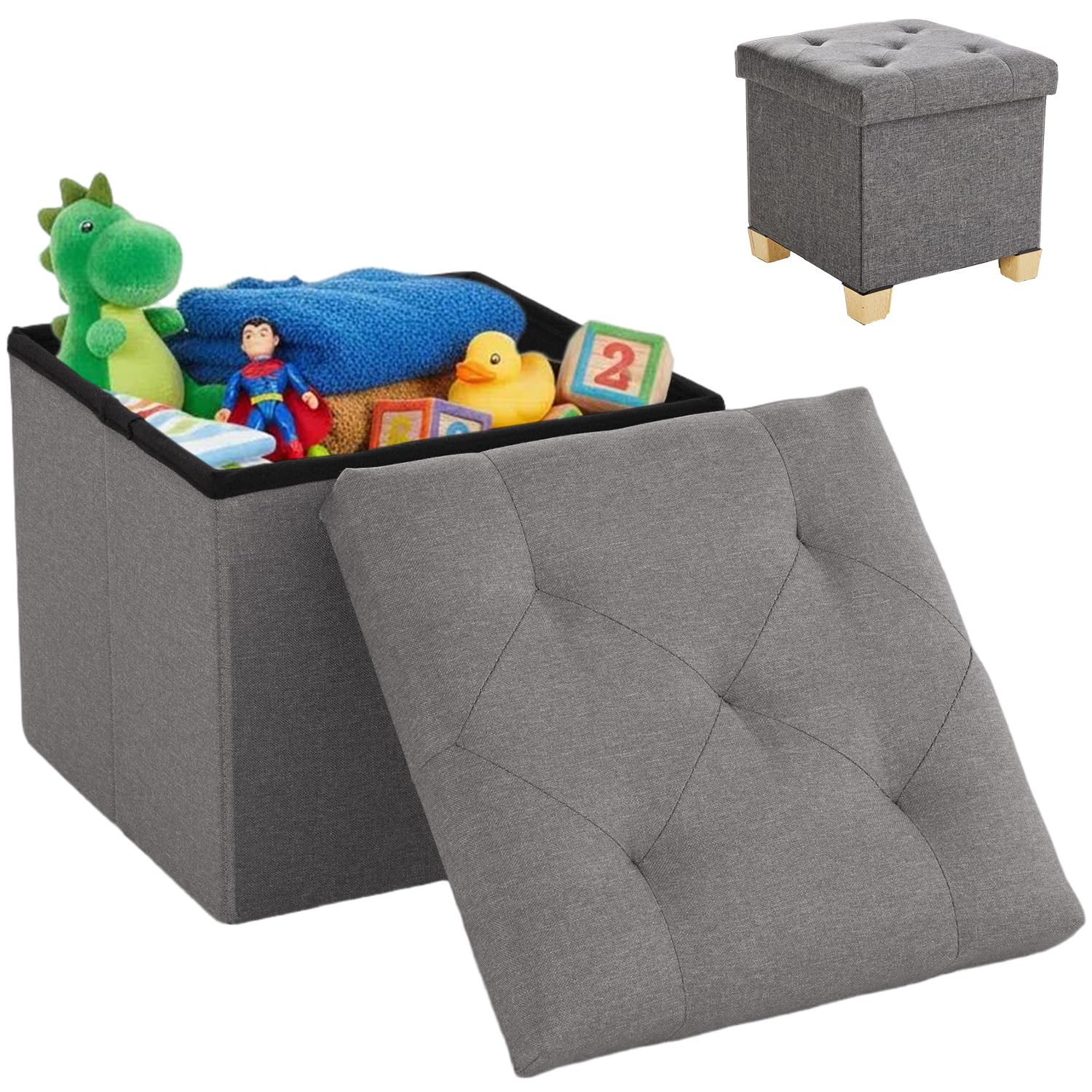 DUMOS Sitzbank mit Stauraum, Aufbewahrungsbox mit Deckel, 110 x 38 cm Truhenbank mit Stauraum, Sitzhocker mit Stauraum, bis 150 kg Belastbar, Fusshocker für Wohnzimmer Schlafzimmer Schlafsaal, Grau