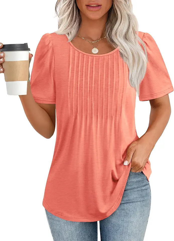 ATHMILE Womens T Shirts Short Sleeve Summer Tops Pleated Dressy Casual Blouses Spring Clothes Beach Vacation 2025