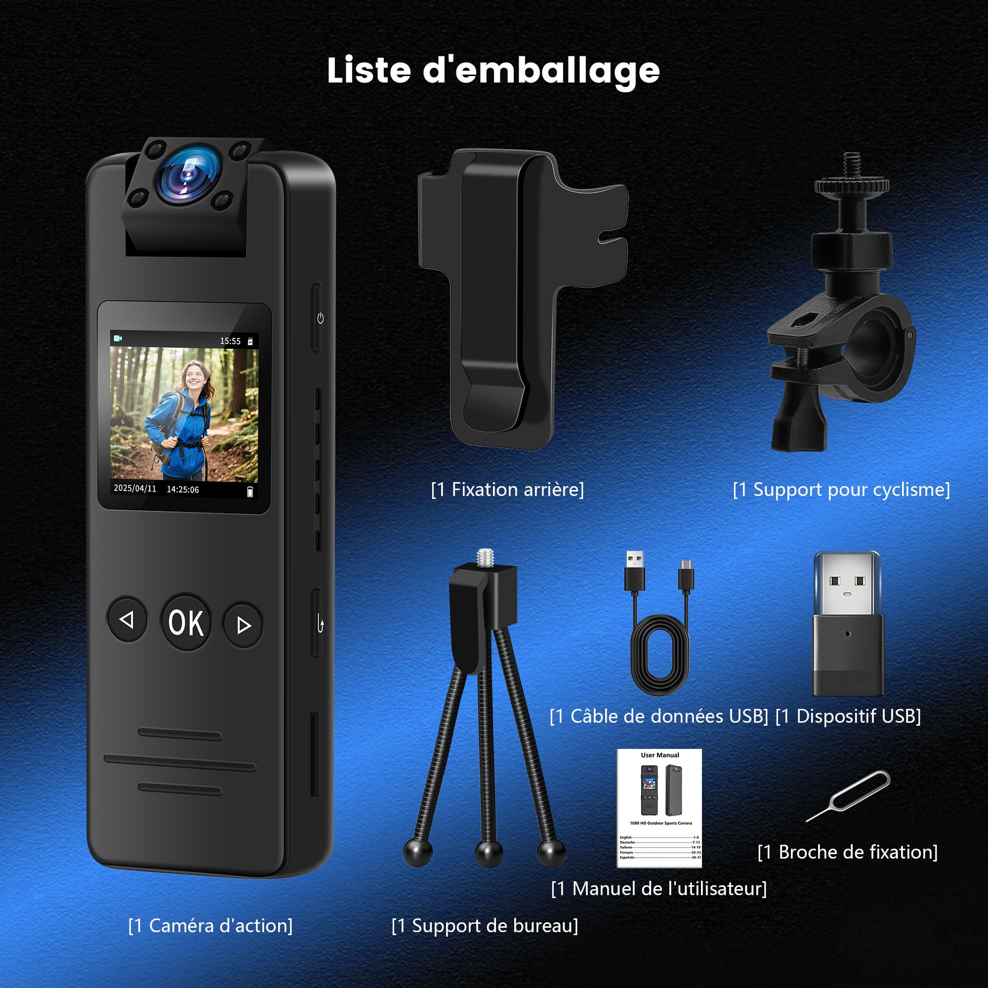 Caméra de Corps, Camera Corporelle Portable, 1080P HD Body cam, Mini Caméras avec Objectif Rotatif, 120° Grand Angle Bodycam de Sport, Caméra Police, Caméscope pour Cyclisme