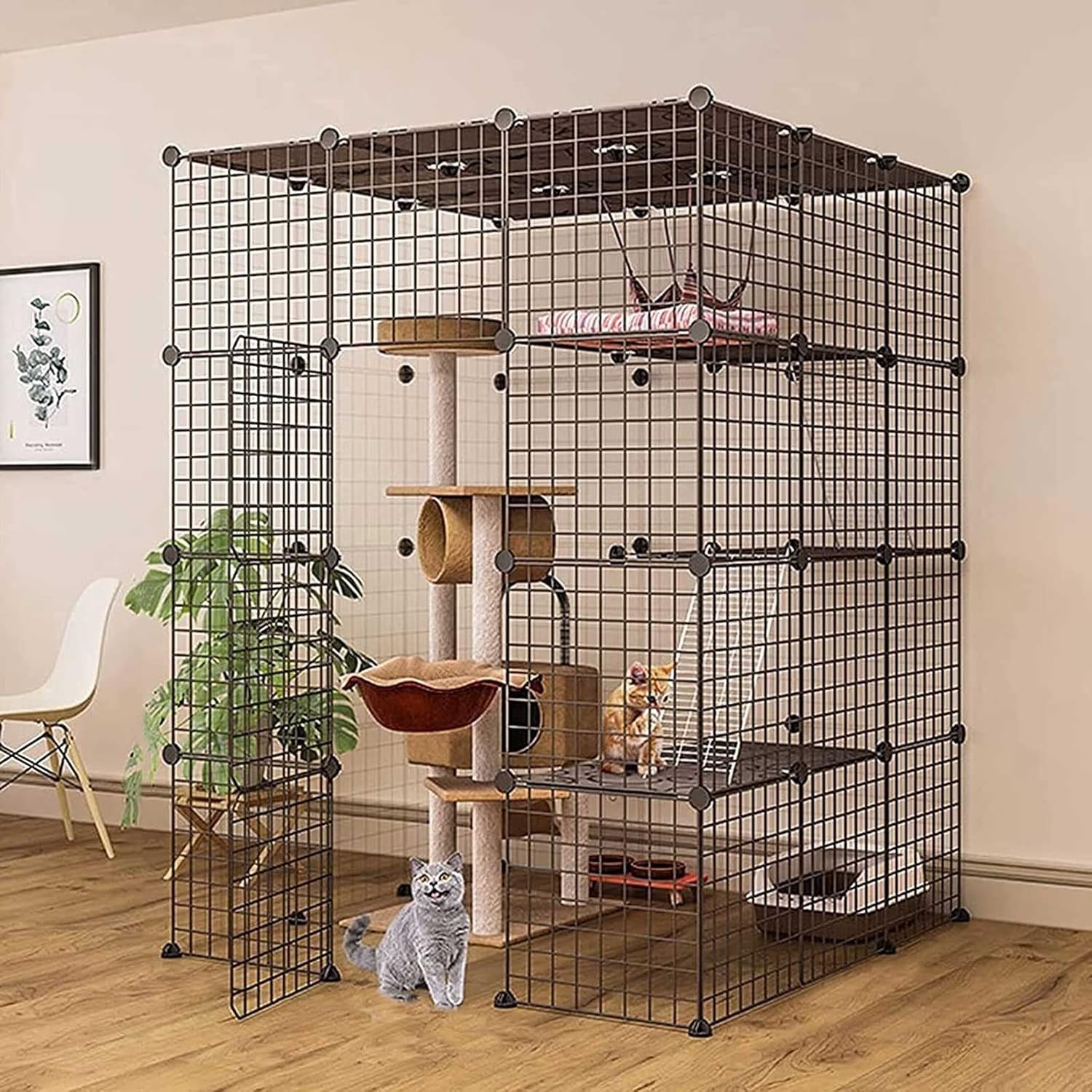 Large Cat Cages Indoor - Cat Cage Kennel Cat Enclosures Ferret Cage Cat Playpen Cat Fence Cat Cage with Litter Box Detachable Pet Exercise Place with Hammock and Bed- IDE,111x111x146