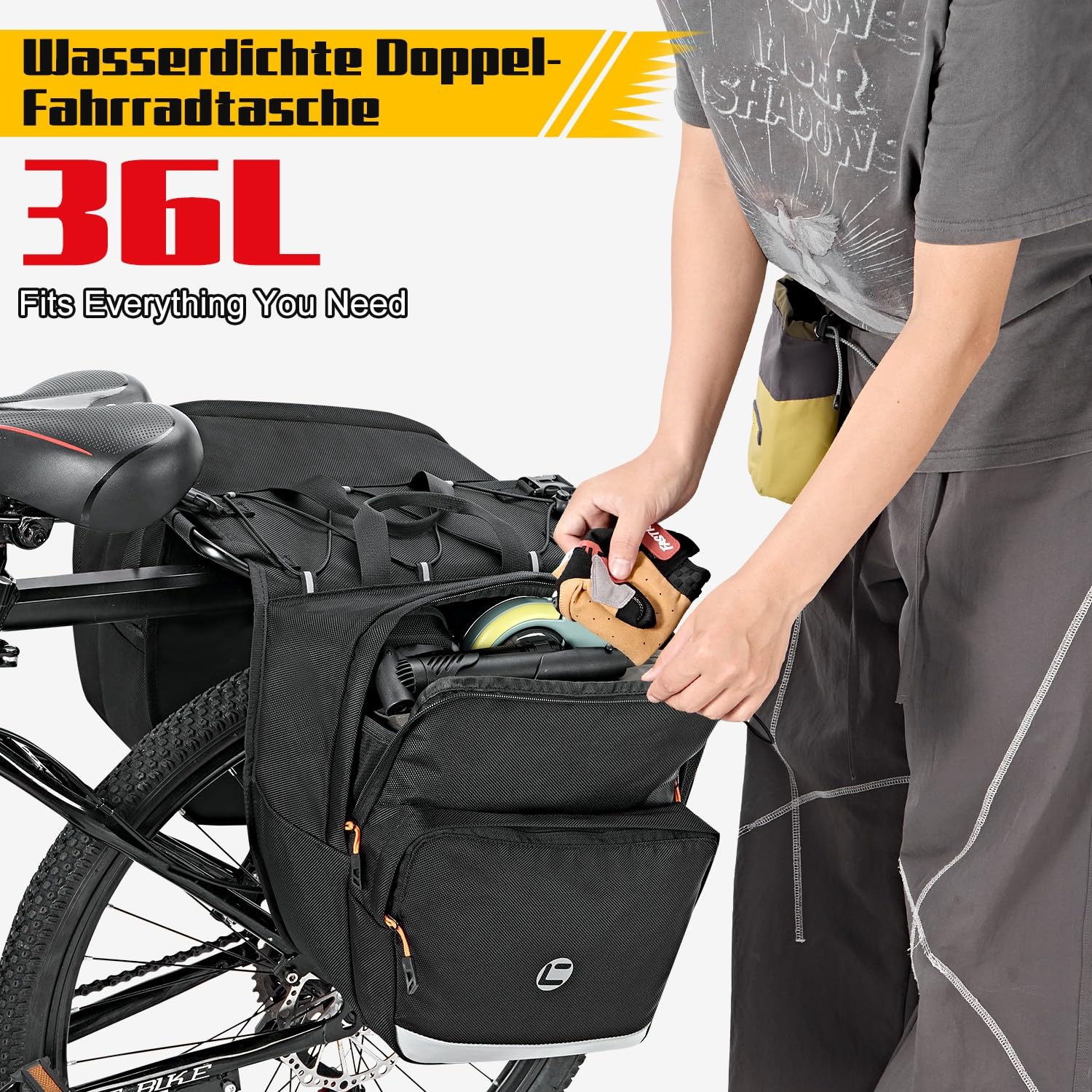 WOTOW Fahrrad-Satteltasche - 36L Wasserfeste Fahrrad-Heckgepäcktasche mit Reflektierenden Streifen und Griffen, Elektrische Fahrradsatteltaschen für Radfahren, Reisen und Pendeln