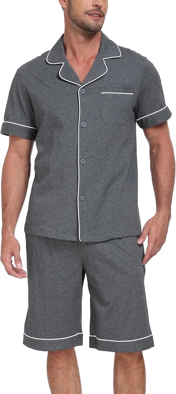 CF Mens 100% Cotton Pajamas Set Summer Shorts Button Down Pjs Soft Short Sleeve Lounge Set with Pockets & Front Fly