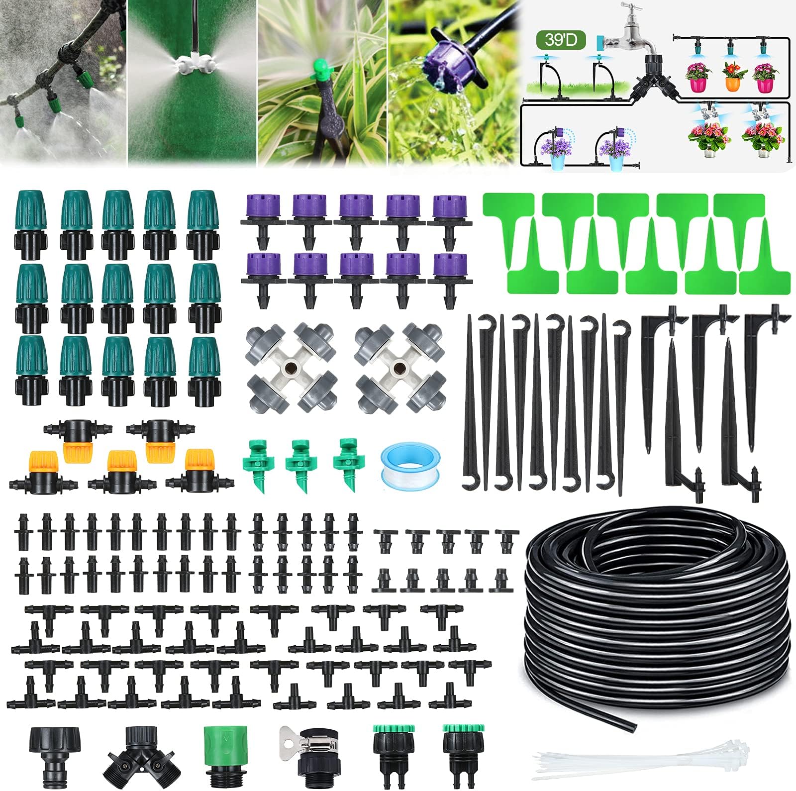 Garden Irrigation System, 132ft/40m 16300PCS Micro Drip Irrigation Kit (3000pcs Adjustable Nozzle), Drip Irrigation with 1/4" Blank Distribution Tubing for Greenhouse Lawn Flower Bed Patio--100set