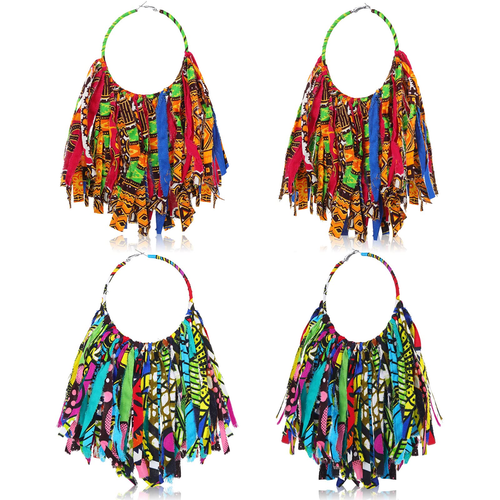Bonuci2 Pairs African Fabric Tassel Earrings Ankara Fringe Hoop Earrings  African Earring for Women African Jewelry