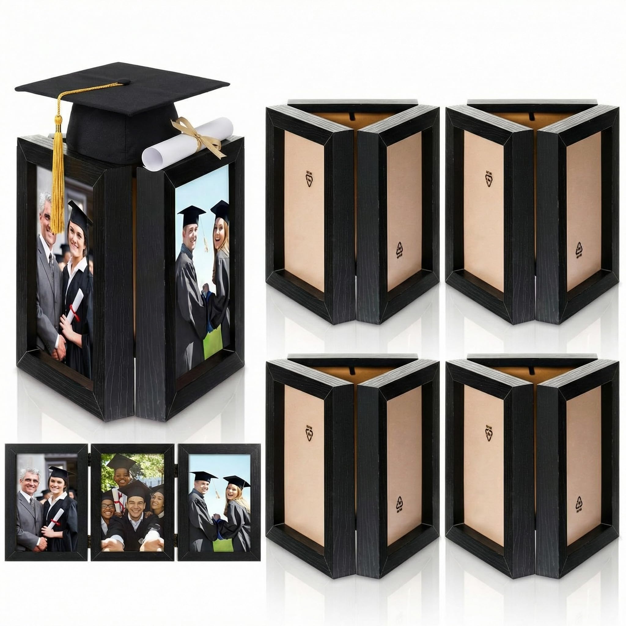 Photo 1 of [DAMAGED FRAMES] Jetec 4 Pcs Graduation Centerpieces for Tables 4 x 6 Inch Wooden Picture Box Centerpieces Triple Picture Frame Vertical Wood Folding Display Decoration Gift for 2026 Congrats Grad Party Wedding