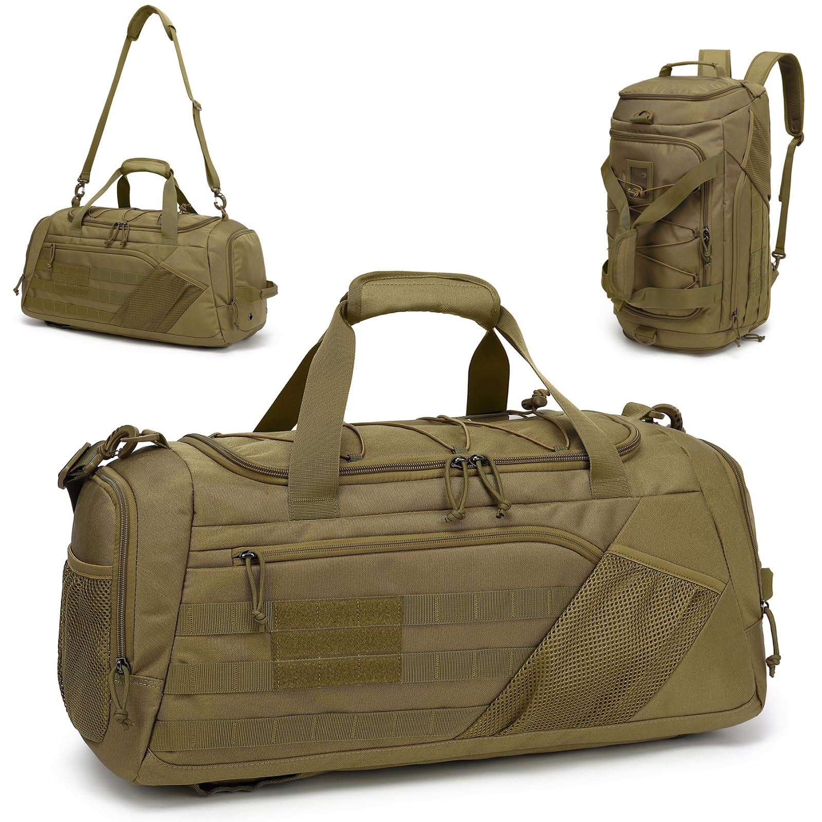 45L Bolsa Viaje Hombre 3 en 1 Bolsa Deporte Táctica para Gimnasio con Compartimento Zapatos, Bolsillo húmedo y Función de Mochila para Camping, Viajes, Fin de Semana, Marrón