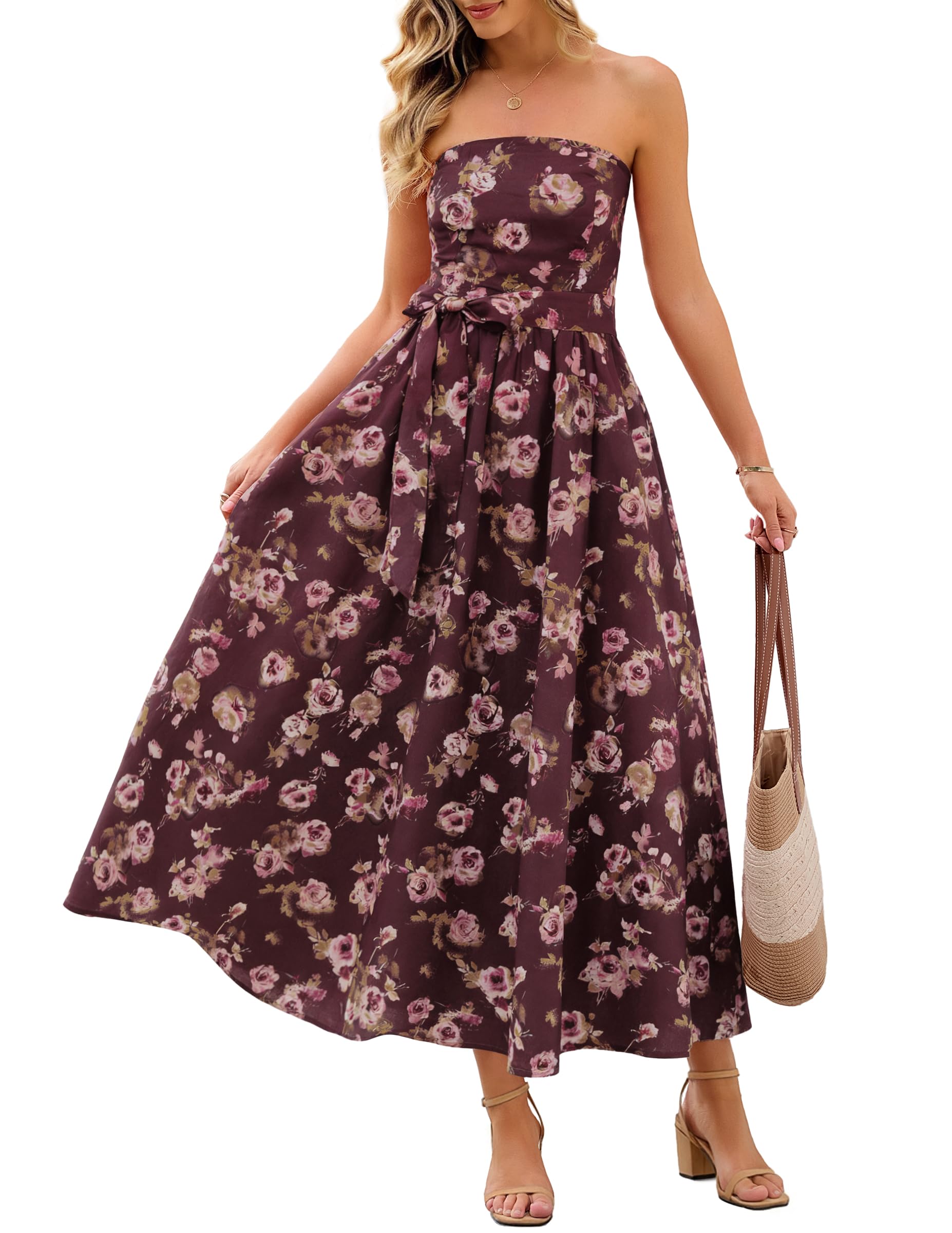 MEROKEETY Women's Summer Floral Strapless Maxi Dresses, Coffee, S