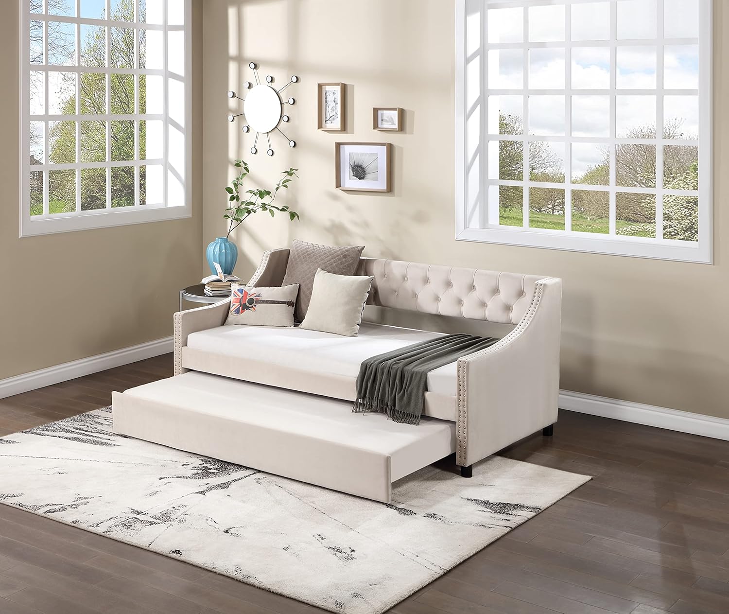 Ball & Cast Full Size Daybed with Trundle,Upholstered Trundle Bed W/Bedframe Tufted Button & Copper Nail on Arms Design,No Box Spring Needed,Sofa Bed Frame for Bedroom,Guest Room,Beige Beige-4 Full