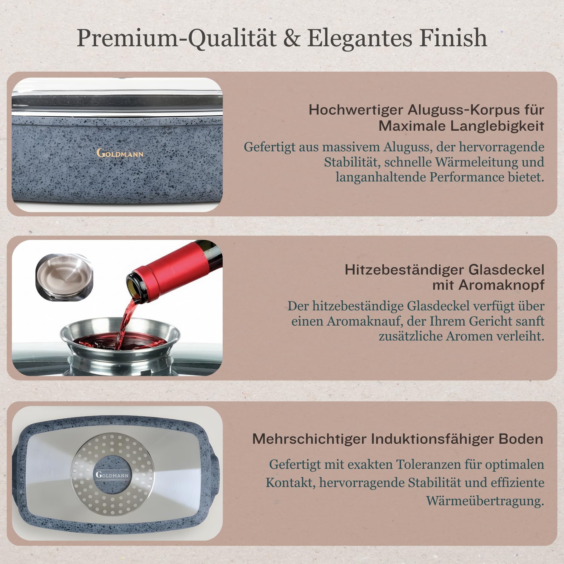 GOLDMANN Bräter rechteckig 32 x 21 x 11 cm (5,5 l) – Aluminiumguss – Antihaftbeschichtung in Marmoroptik – Glasdeckel mit Aromaknopf – Für alle Herdarten geeignet – Ofenfest – PFOA-frei
