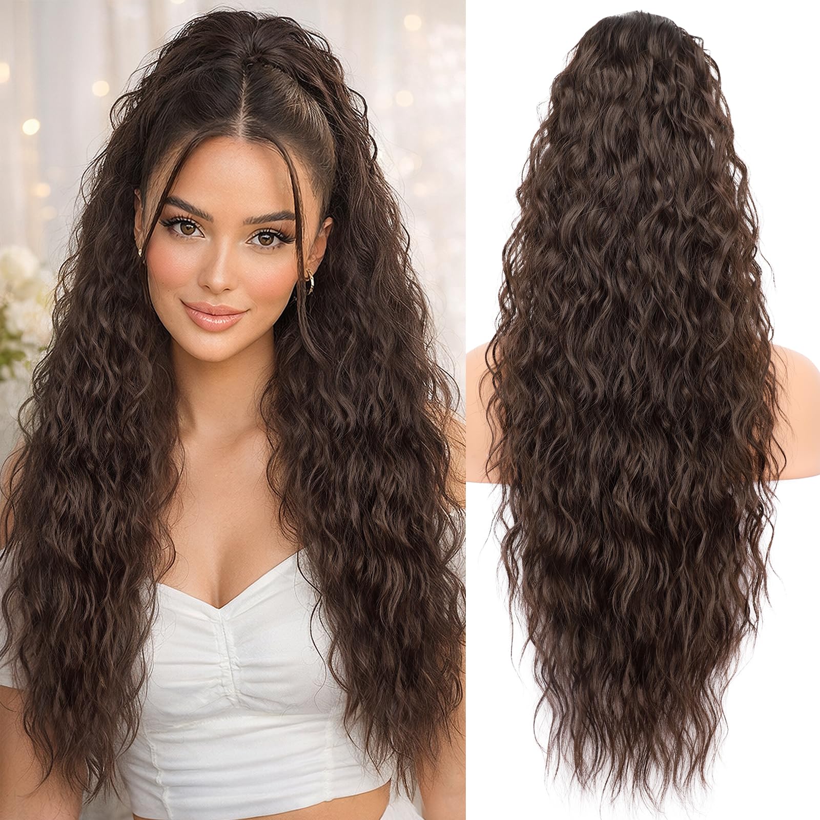 KooKaStyle Ponytail Extensions, 30 Inch Drawstring Clip-on Long Wavy Ponytail Synthetic Curly Hairpieces for Women and Girls (30 Inch, Medium Brown)