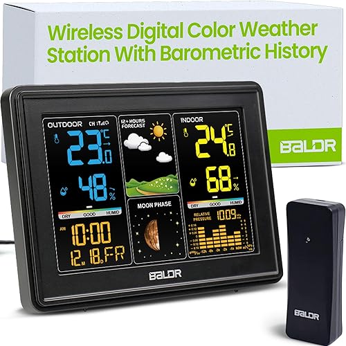 BALDR Estación meteorológica digital inalámbrica, termómetro para interiores y exteriores, estación meteorológica inalámbrica para el hogar con