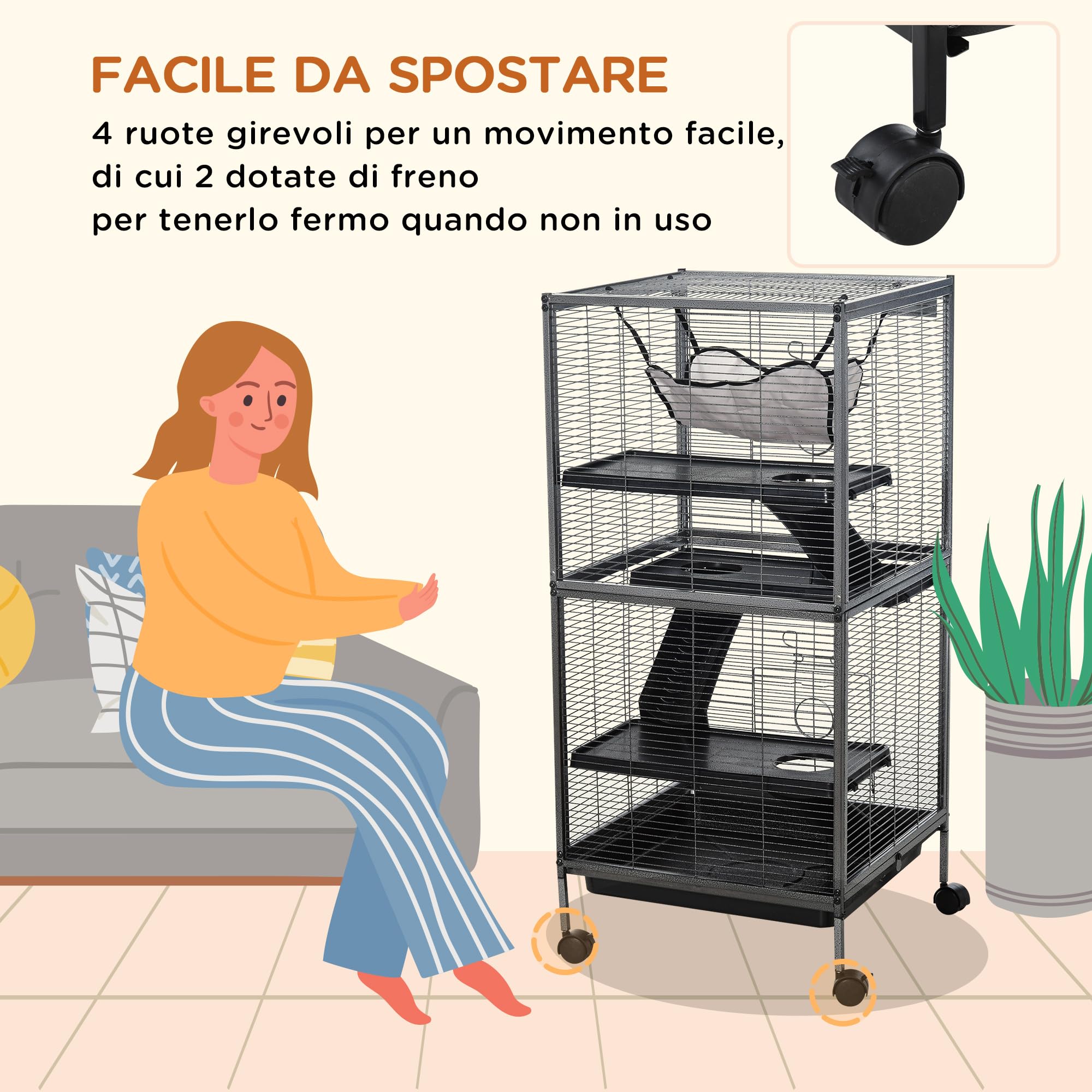 PawHut Gabbia per Piccoli Roditori in Acciaio, Gabbietta per Porcellini d'India e Cincillà con 3 Piani, 4 Ruote, Amaca e Vassoio Rimovibile, 52 x 52 x 113.5cm, Grigio Argento
