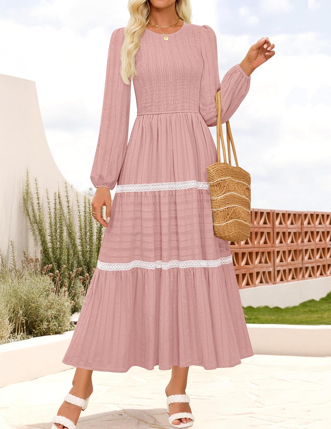 ZESICA Women's Spring Long Sleeve Maxi Dresses 2026 Casual Crewneck Smocked A Line Tiered Flowy Wedding Guest Long Dress - Image 4