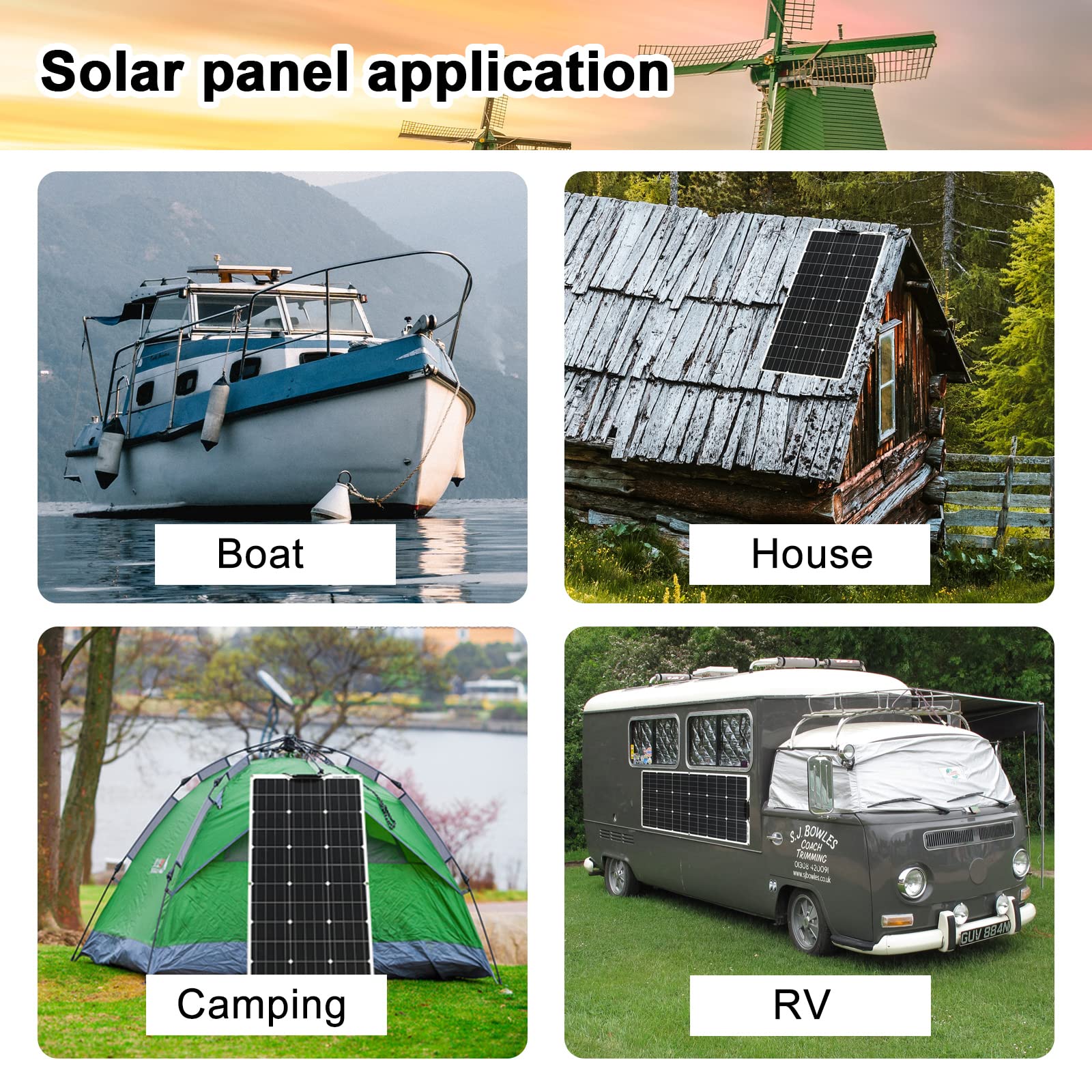 Pannello solare flessibile 100W18V*4 Kit pannello solare flessibile 100 W Pannello solare impermeabile caricabatterie solare per camper, barche, case e superfici irregolari (4)