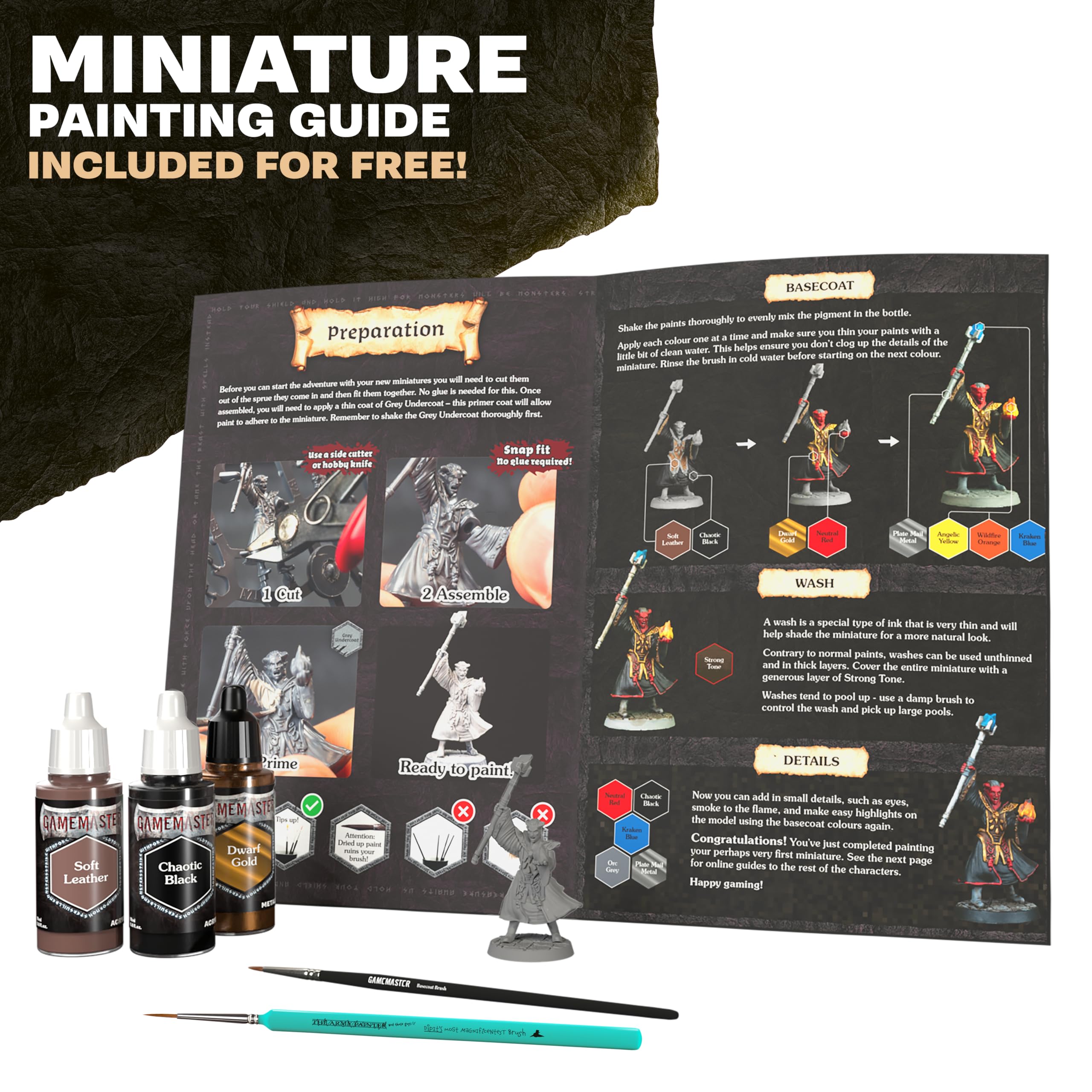 The Army Painter, GameMaster Adventure Starter Set Combo, 15 x 18 ml | Acrilici Warpaints Fanatic, incl. 1 primer a pennello, 5 miniature e 2 pennelli