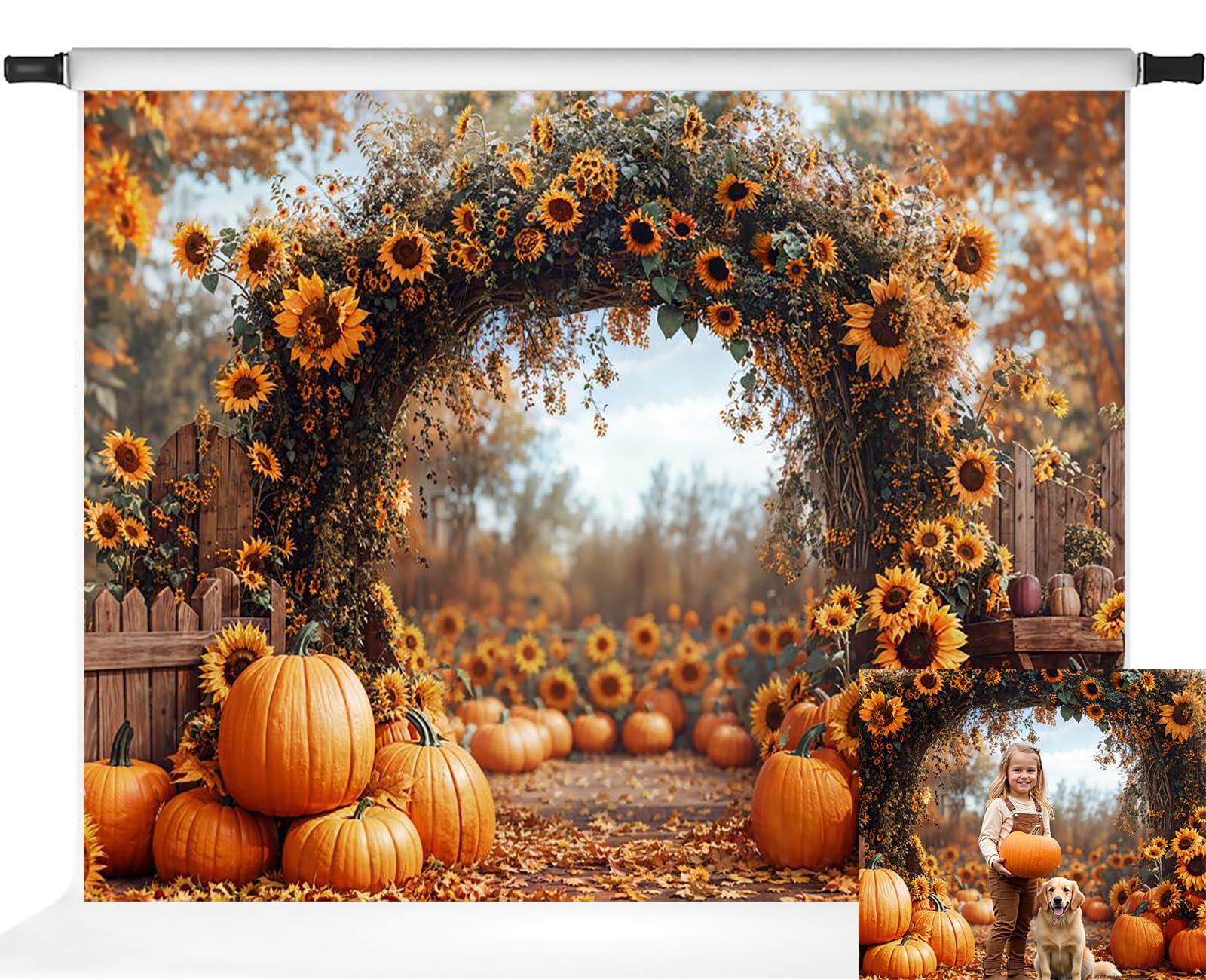 Kate Fall Sunflowers Arch Backdrops Autumn Pumpkins Harvest Outdoor Thanksgiving Festival Party Decorations, 7x5ft