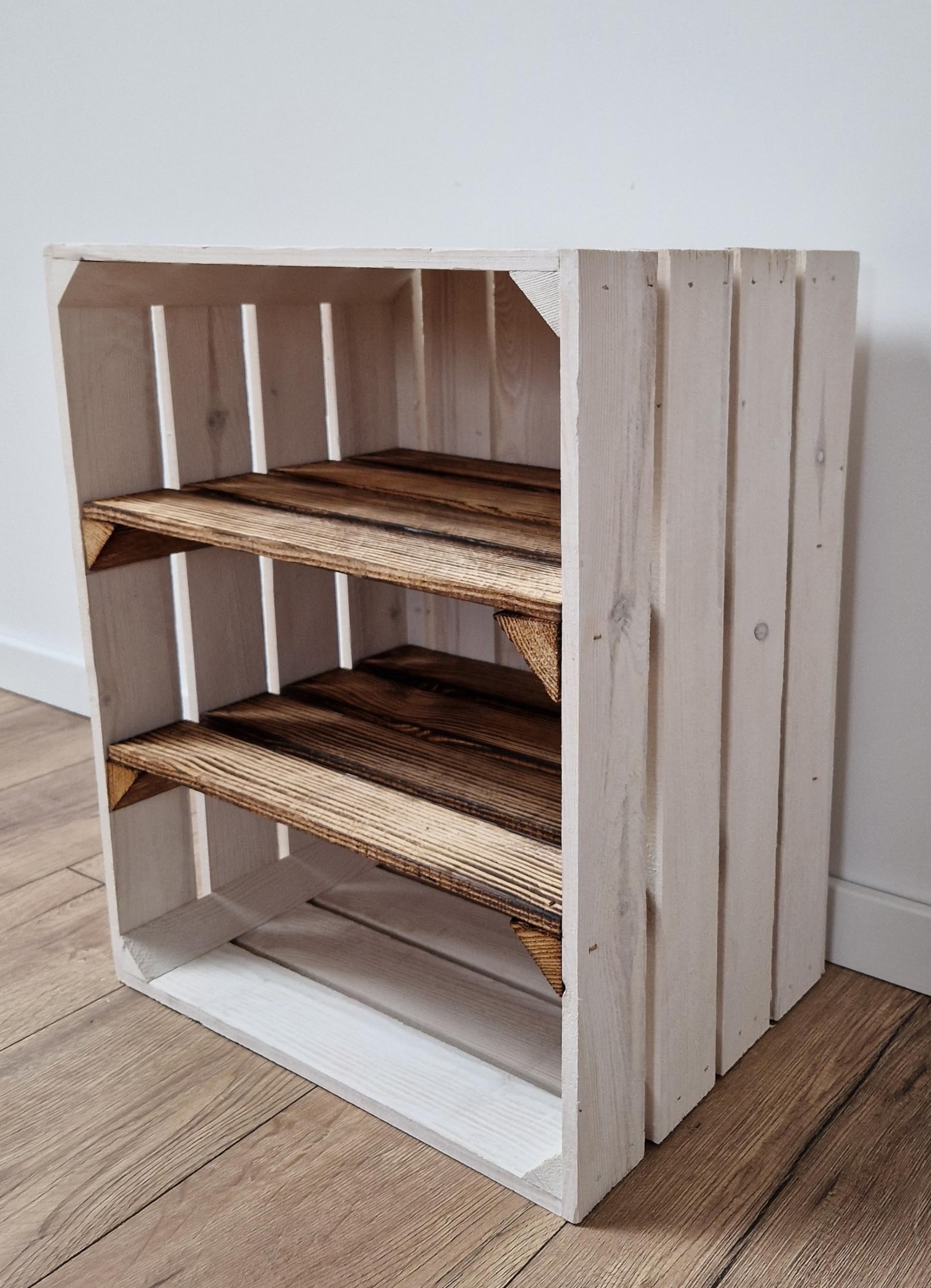 PYXIDAS Wooden Crates With Shelf, Rustic Boxes For Storage, Home Decor, Wedding Solution (1 Crate, Short burnt white)