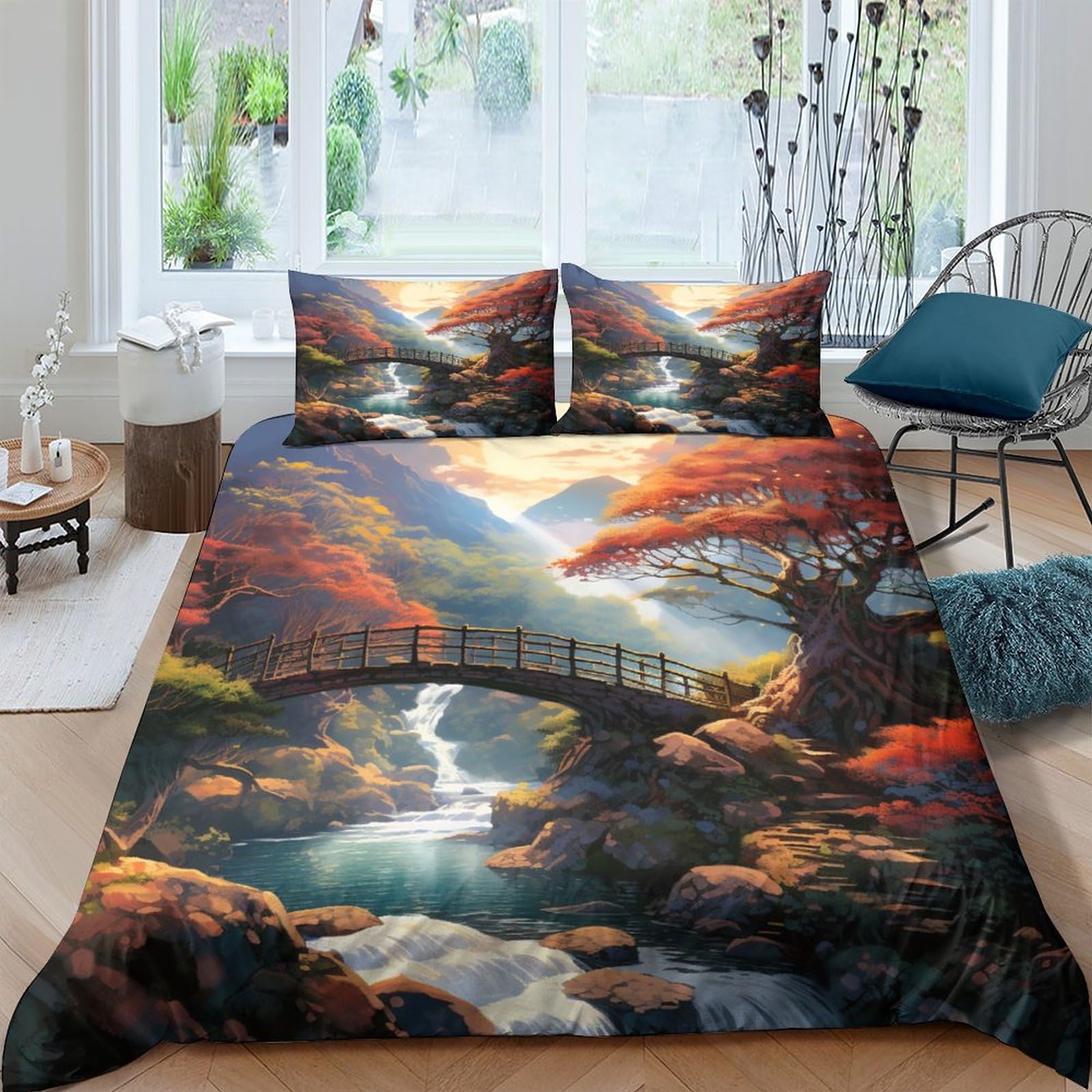 Parure de lit 3 pièces IOFEER avec housse de couette imprimé paysage en microfibre King 220x240cm