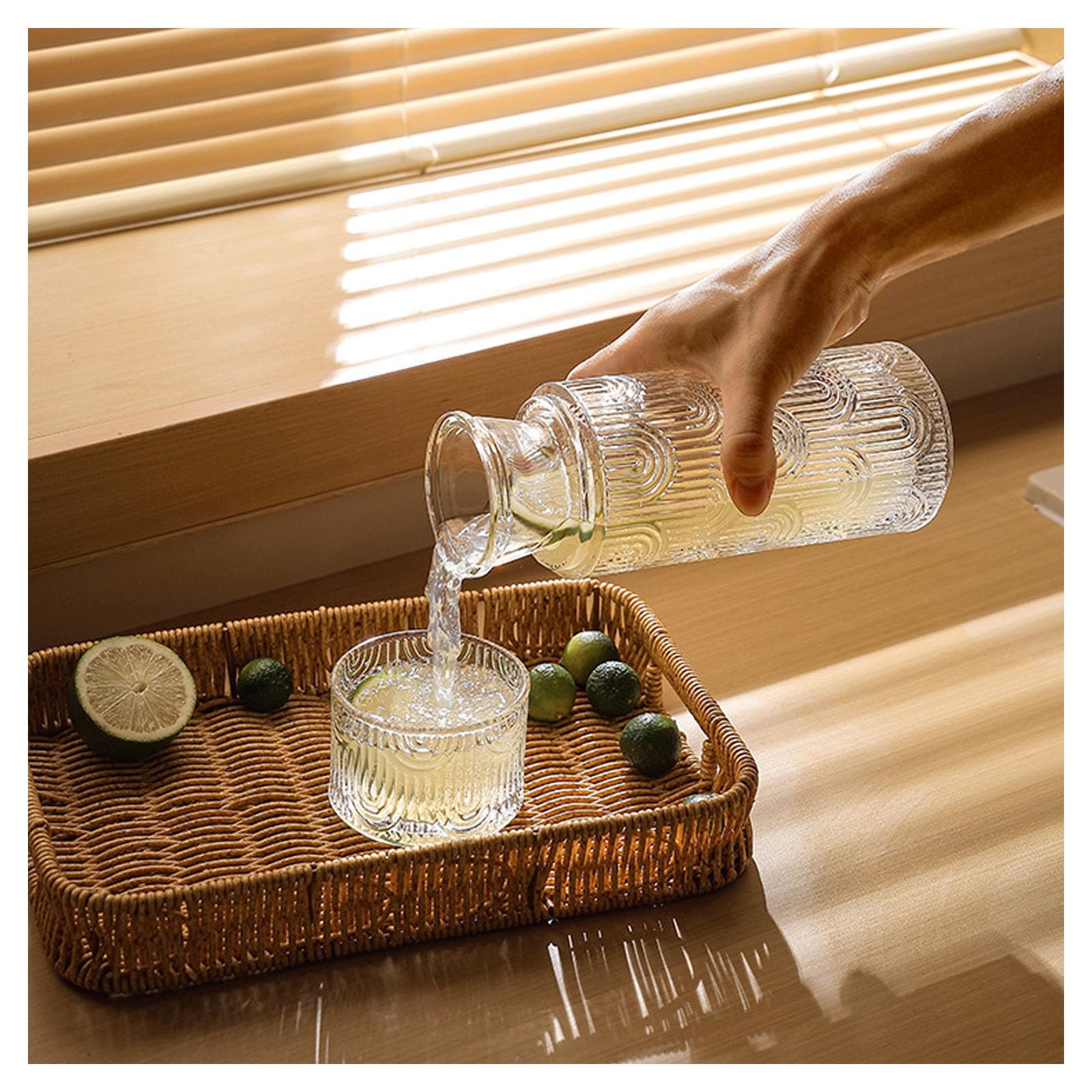 Juego de jarra de agua y vaso, jarra de vidrio grueso y vaso para dormitorio, baño, elegante decantador de enjuague bucal para hidratación y servir