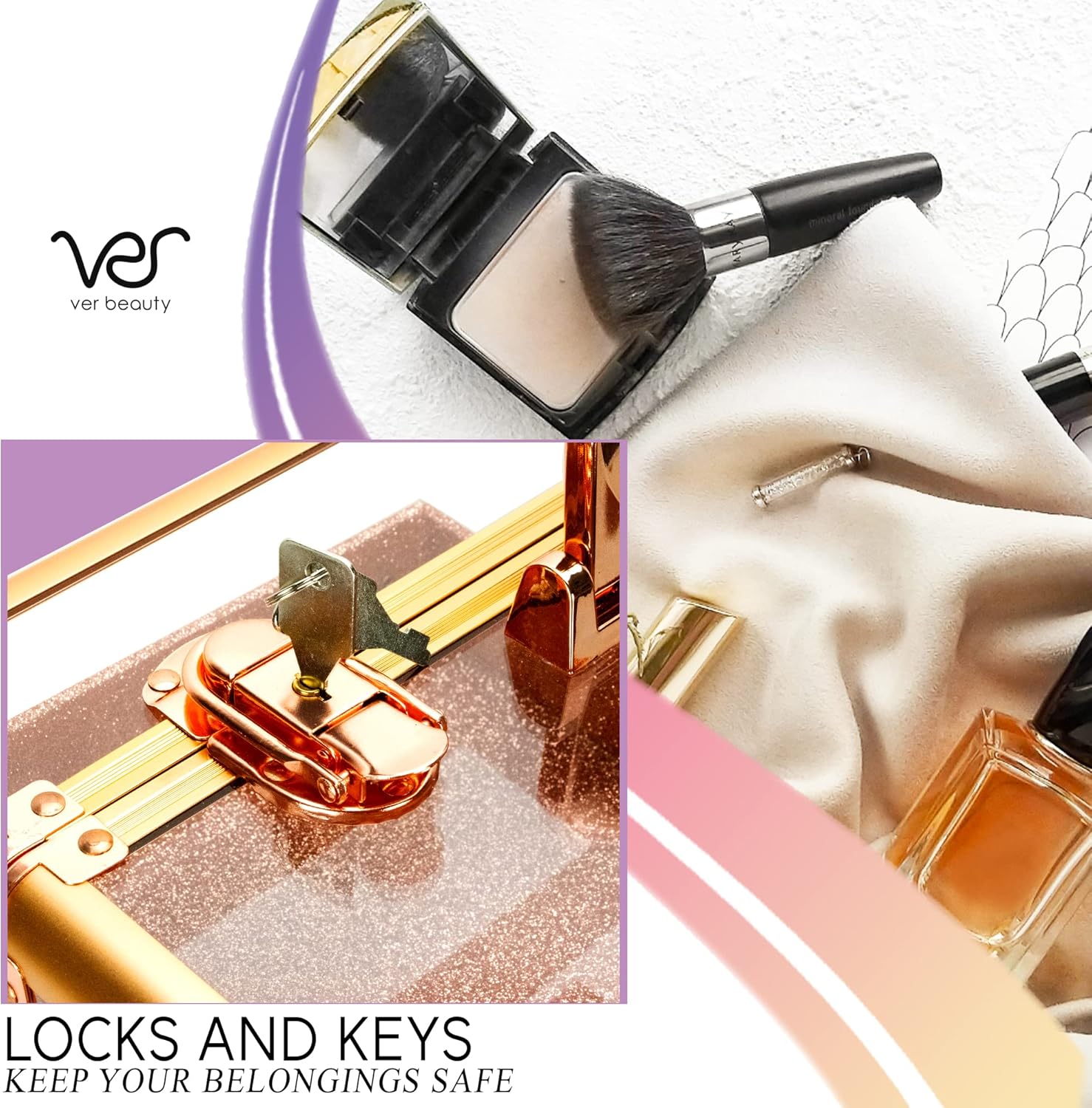 Ver Beauty Makeup Train Case 14 Inch Armored Acrylic Large Portable Cosmetic Case 6 Trays Professional Storage Organizer Box Make up Artist Jewelry Nail Kits Crafts Display Brush Holder - Rose Gold