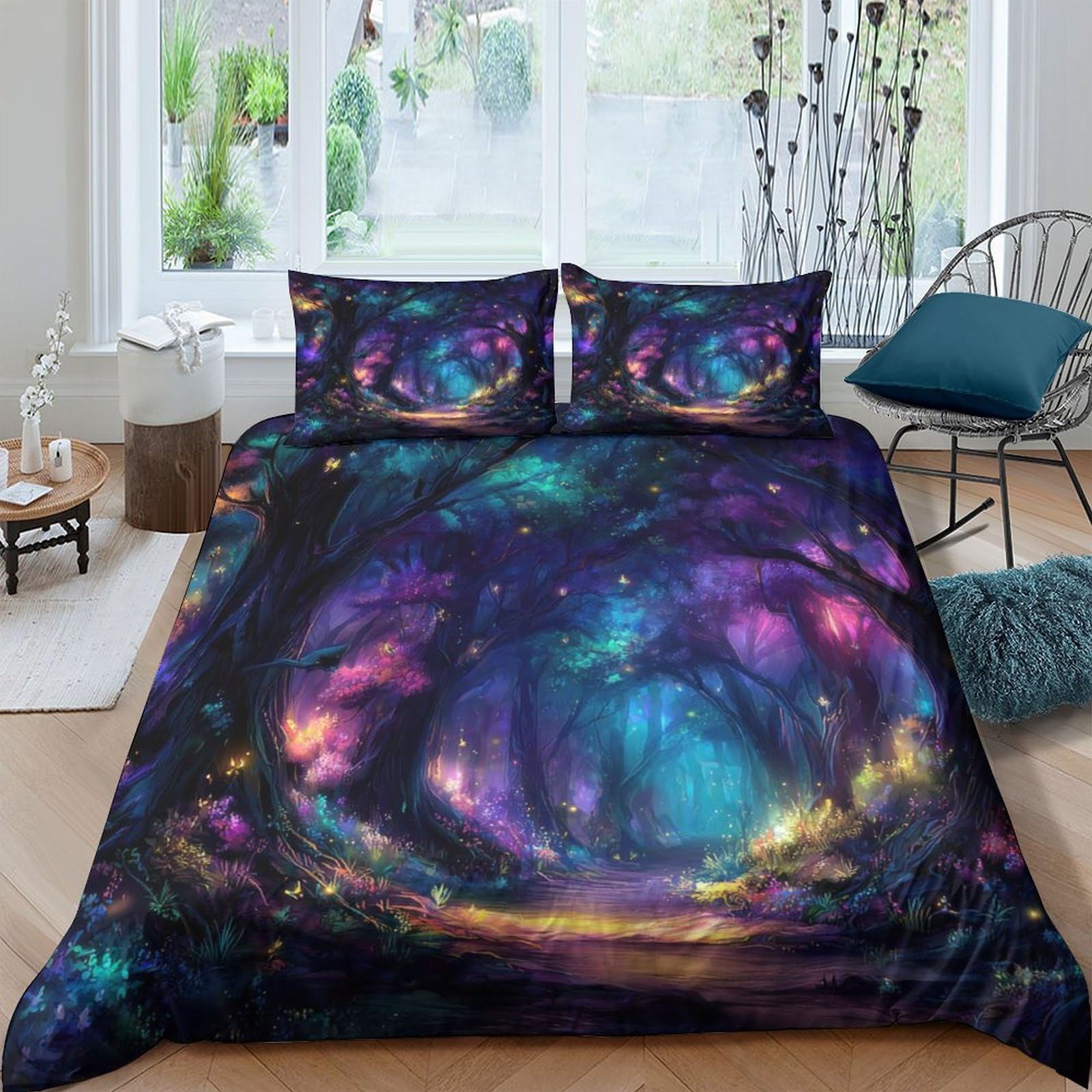 Taie de couette 140x200 microfibre légère anti-plis literie forêt magique pour lit une place