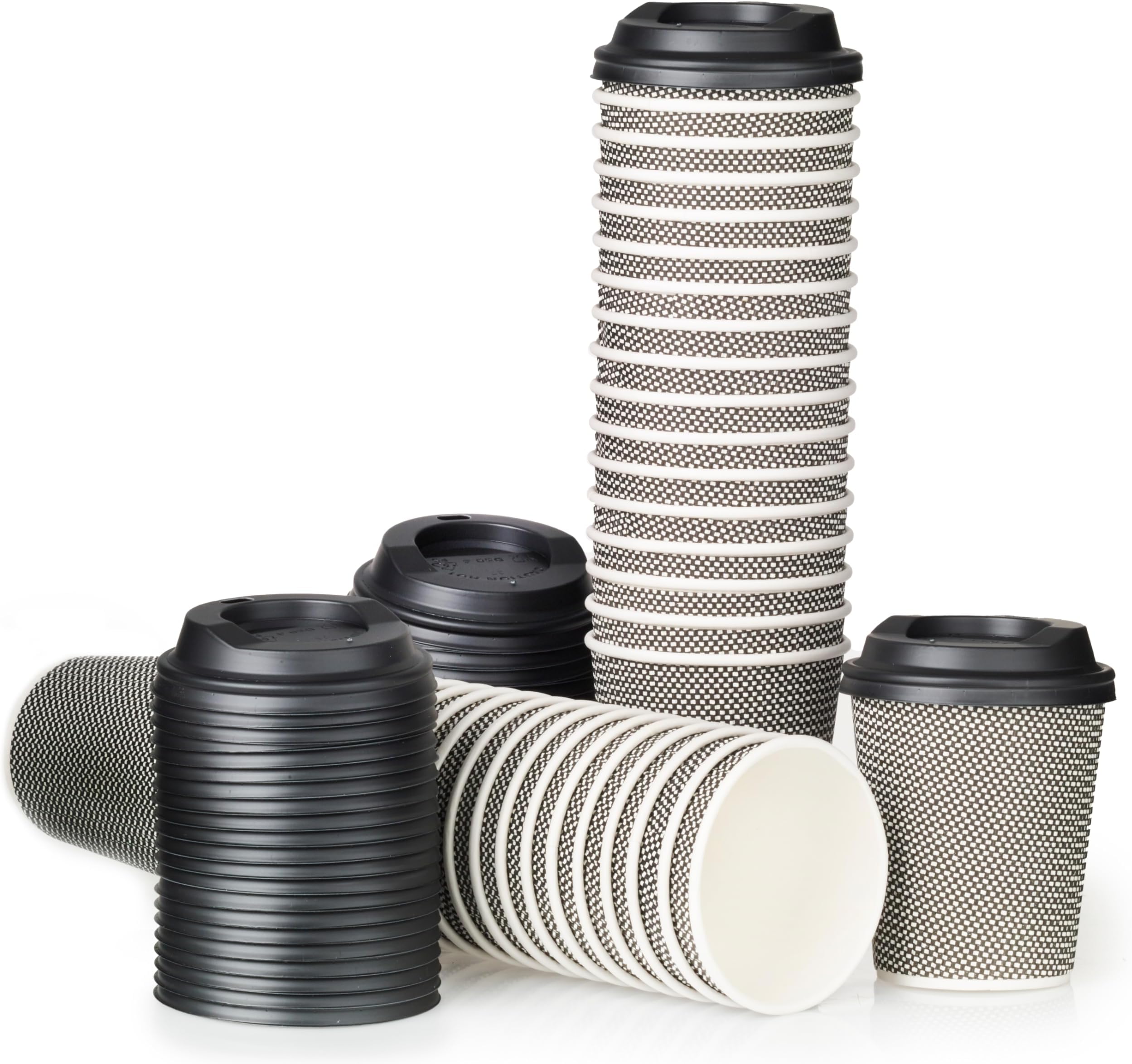 Signature Packaging – Luxury Ripple Insulated Paper Cups with Lids, Disposable for Coffee, Hot Beverages, Leak-Proof for Cafes, and Catering - 8oz Pack of 50 (Black + White) Cups with 50 Black Lids