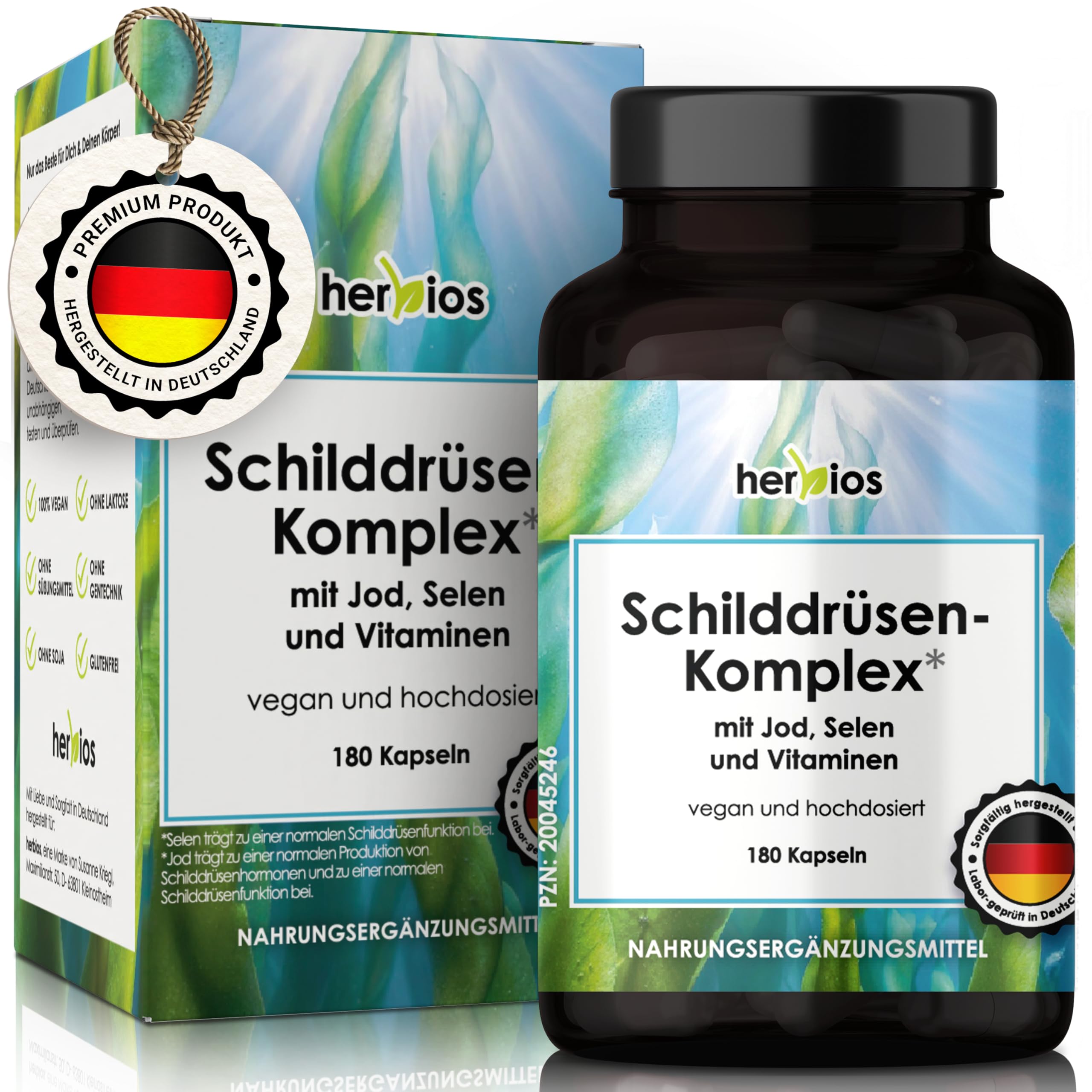 Jod-Selen Komplex –180 Schilddrüsen-Kapseln für 6 Monate – hochdosiert mit L-Tyrosin, Eisen, B-Vitaminen & Folsäure – Natürlich, Vegan & Laborgeprüft