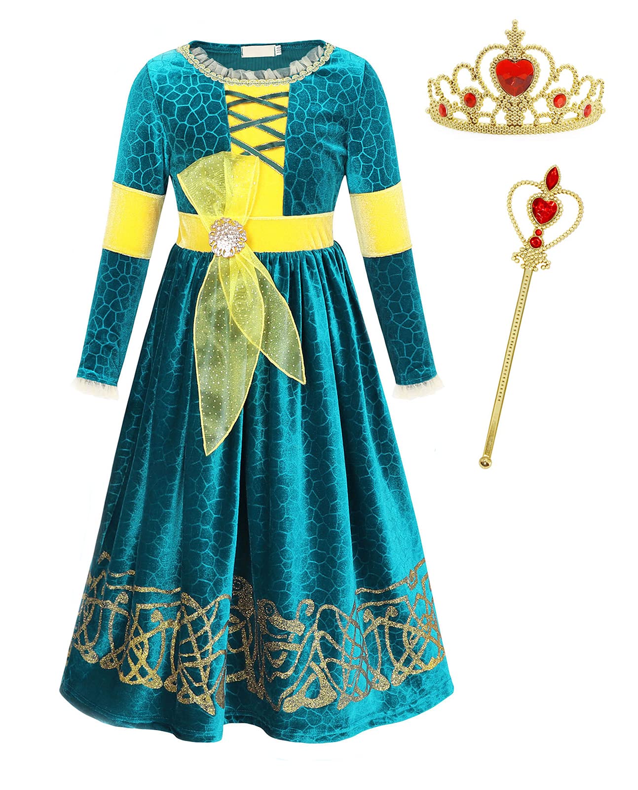Jurebecia Princess Merida Costume for Girls Dress up Fancy Birthday Party Halloween Flannel Gown Kids Medieval Dress