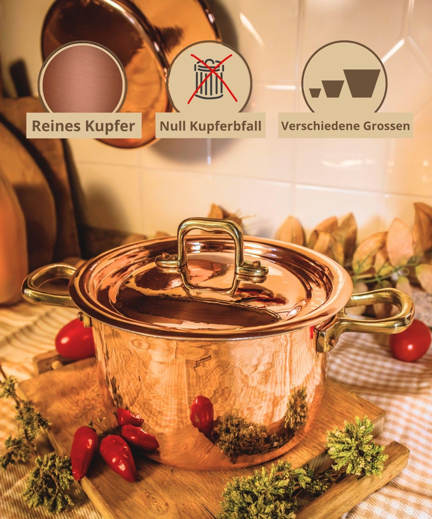 CREARTISTIC Made in Italy Verzinntes Kupfer Kochtopf mit Deckel - 18x10.5 cm, 1.2L, Topf für Ragu und andere Soßen, mit 2 Handschellen aus Messing, handgemacht