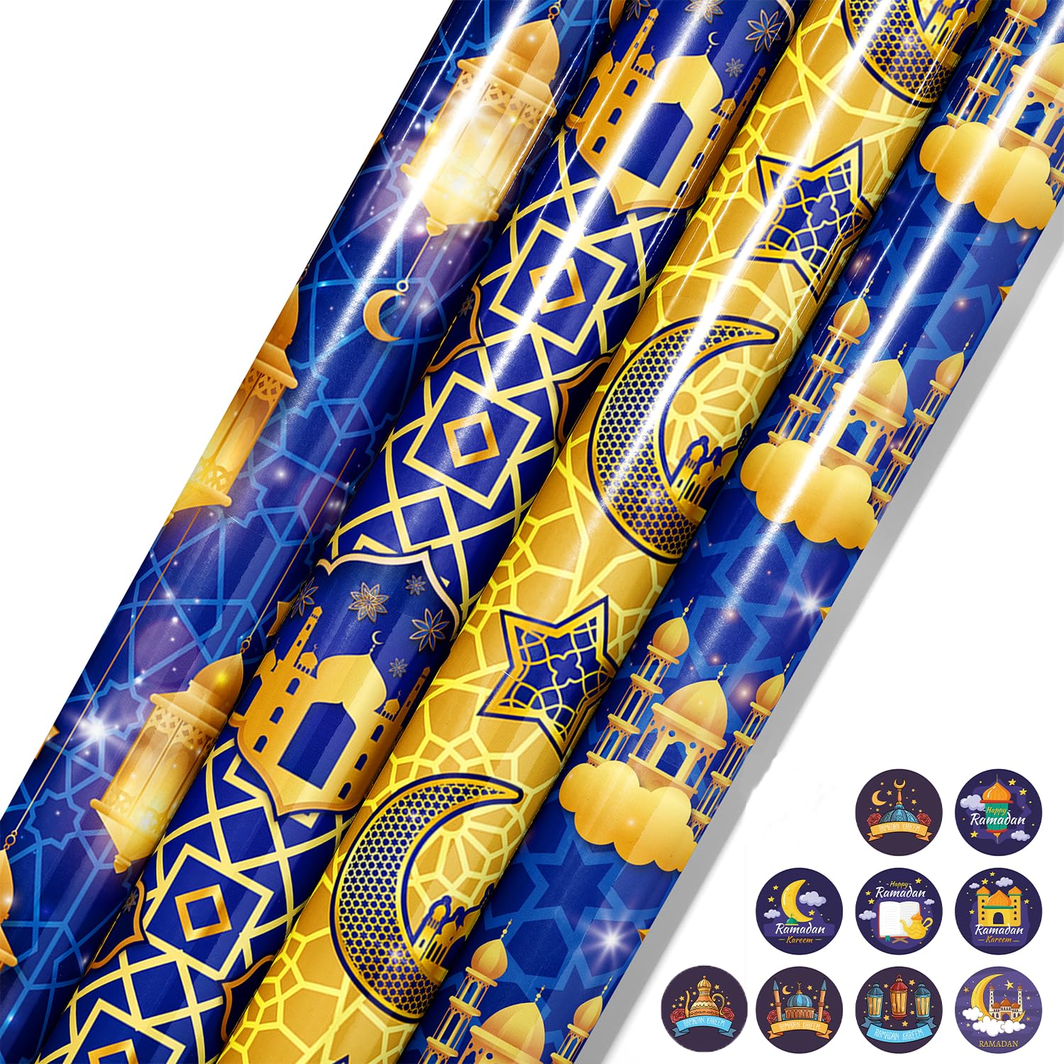 Hugewth (12 Packs) Gift Wrapping Paper,Ramadan Eid Mubarak Wrapping Paper Moon Mosque Eid Mubarak Gift Wra in 4 Designs for Eid Mubarak & Ramadan Gift Decoration Wrapping Paper Party Gift Wrap DIY