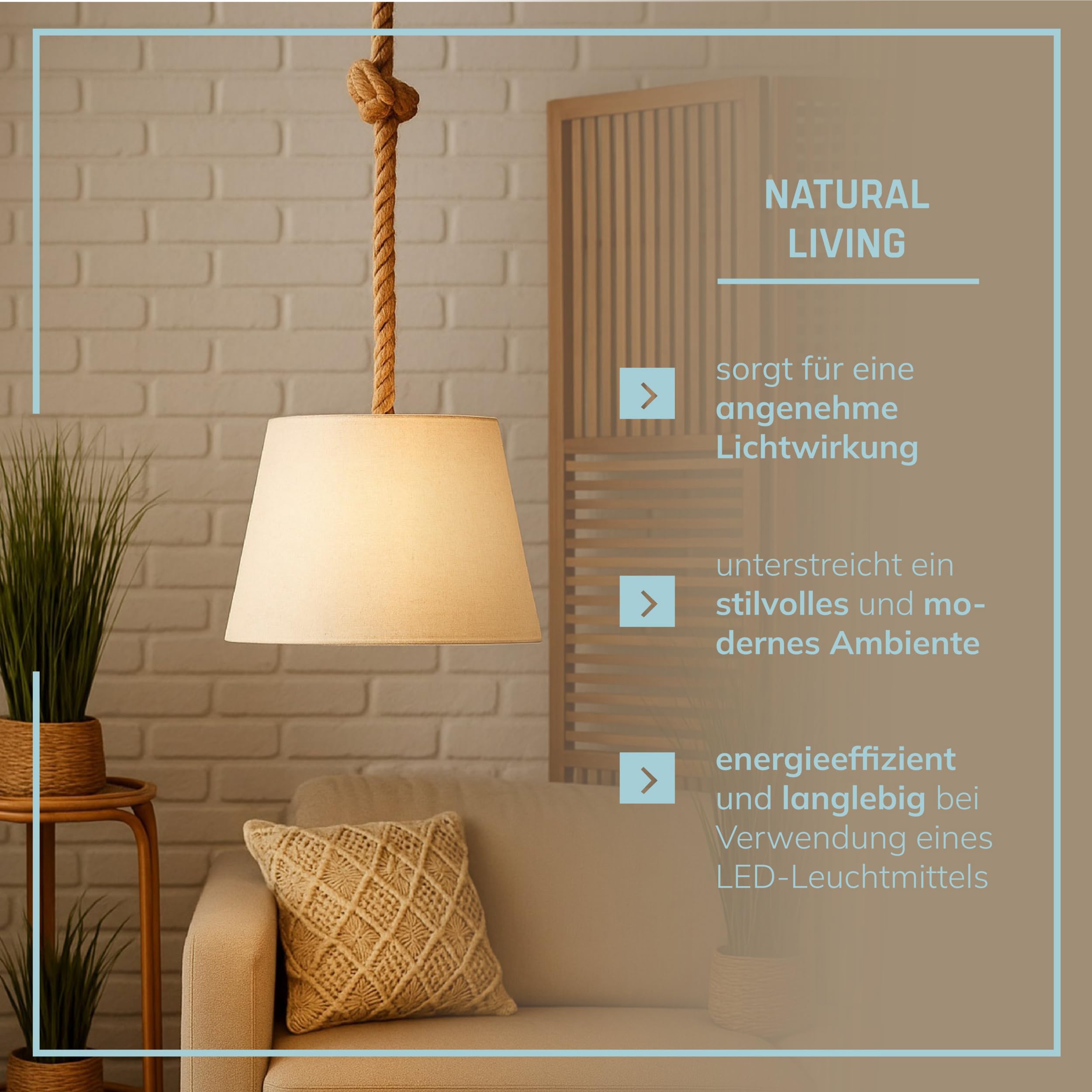 Lightbox Boho Hängelampe mit Stoffschirm & Seil-Kabel - natürliche Pendelleuchte Ø 35 cm - Lampe für Esstisch, Wohnzimmer & Schlafzimmer - E27 Fassung exkl. LED