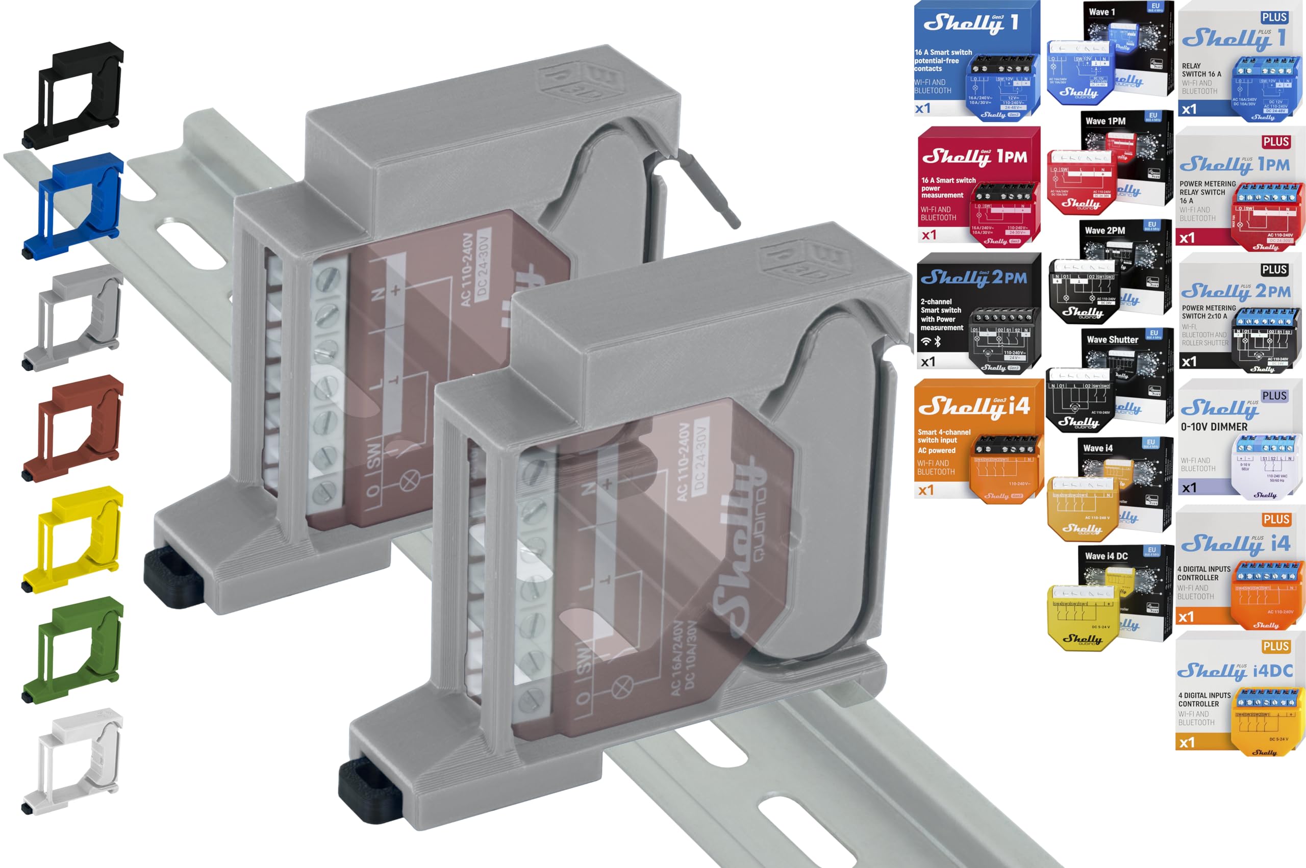 DIN Rail Holder "Single" for 18 Shellys: 1 Gen3, 1PM Gen3, 2PM Gen3, i4 Gen3, Plus 1, Plus 1PM, Plus 2PM, Plus i4, Plus 0-10V Dimmer, Wave 1, Wave 1PM, Wave 2PM, Wave Shutter, Wave i4 (2x Grey)