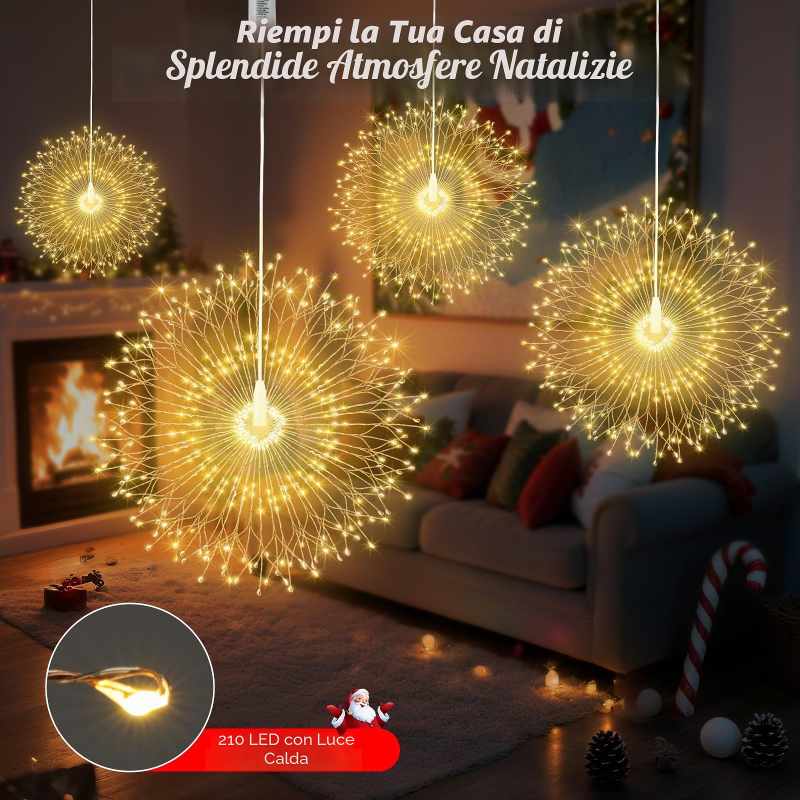 Lewondr Luci Fuochi D'Artificio Natalizi, 4PCS 210 LED Luci Appendibili Fate Con Telecomando, 8 Modalità, Luci A Stringa Stelle Impermeabili Per Interni Esterni Decorazione, Bianco Caldo